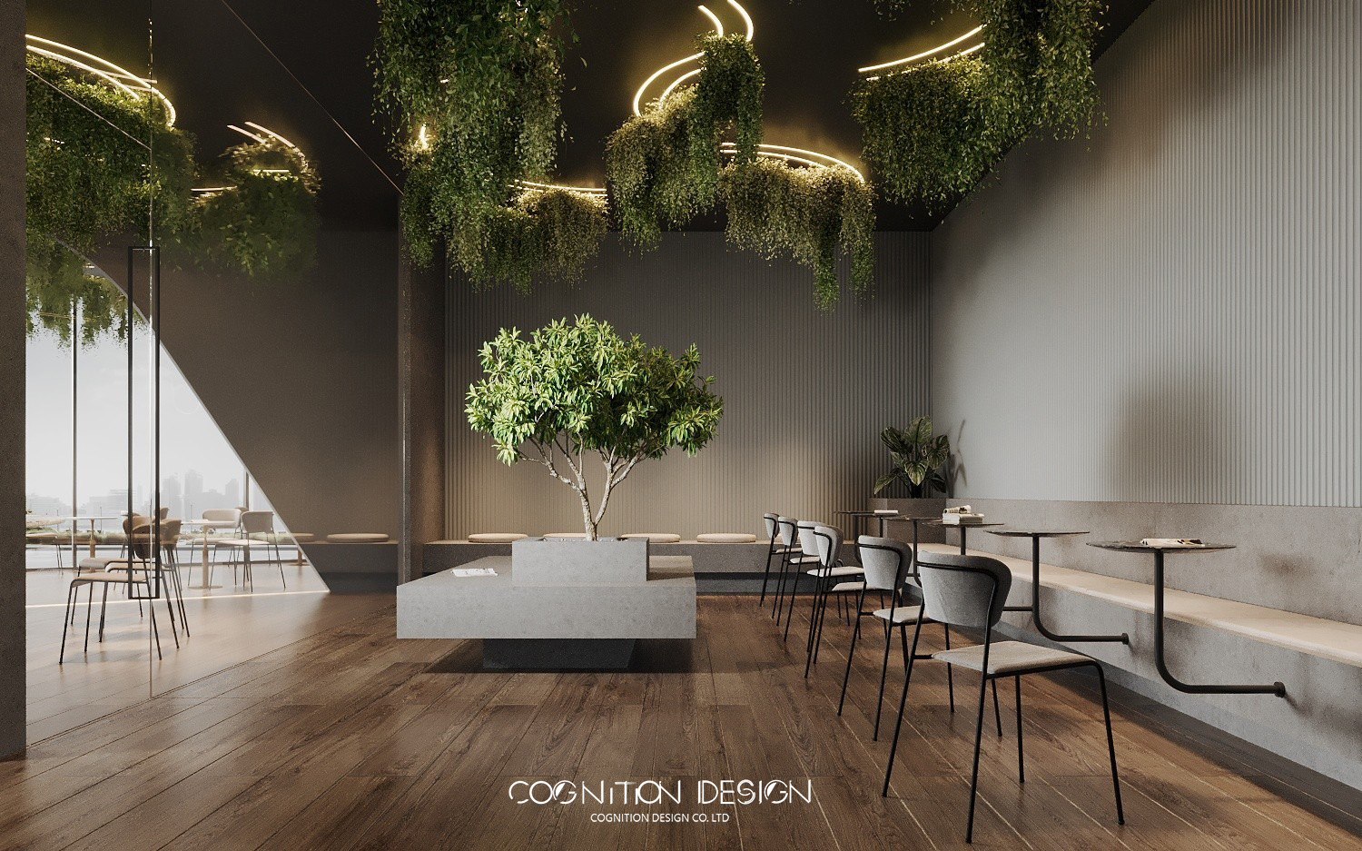 店面室內設計結合茶空間，將綠植栽成為空間主角
