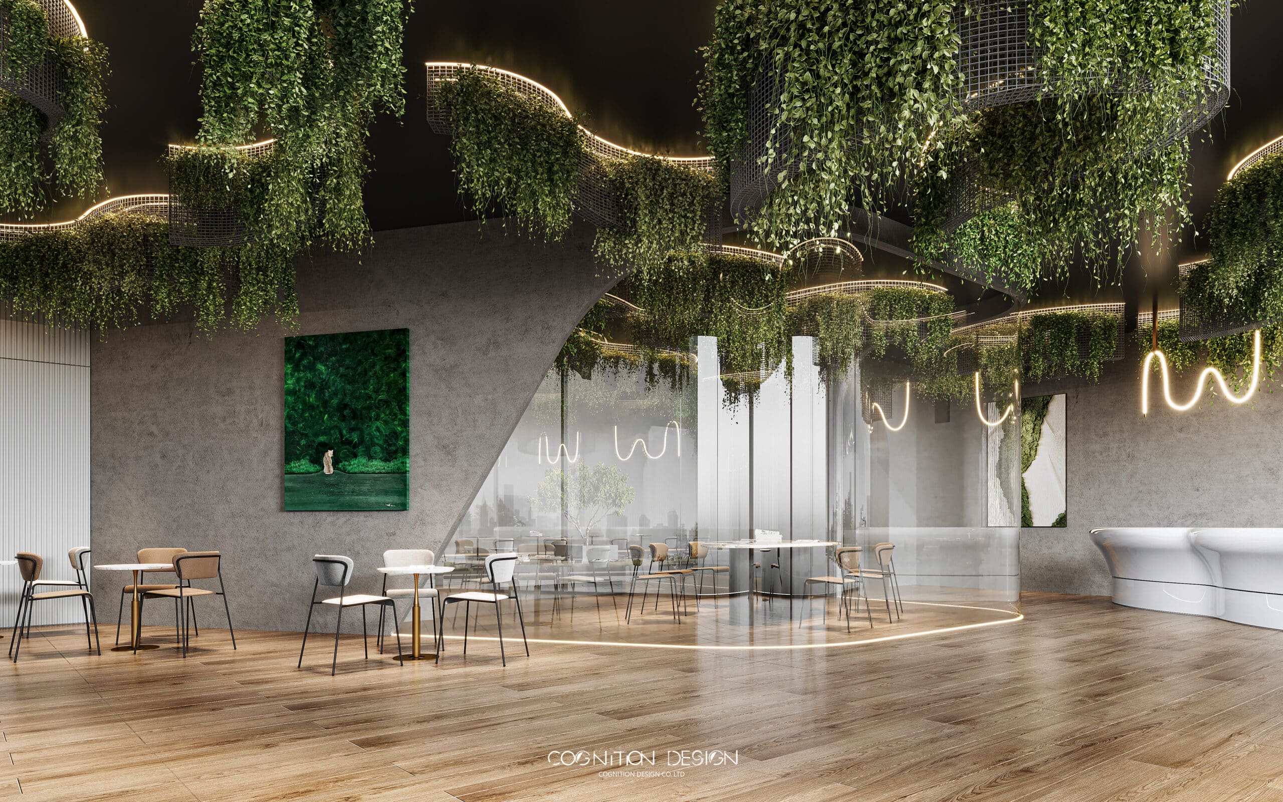 店面室內設計中綠植的搭配，散發出生生不息的生命力