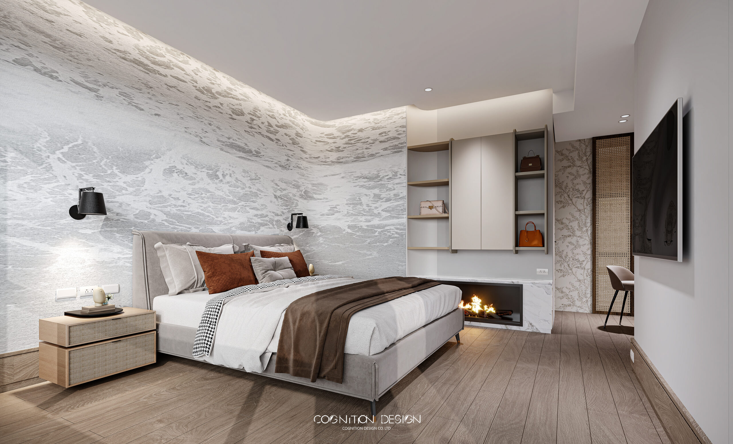 在臥室的空間設計中加入自然的藤編材質的家具以及淺色木地板，增加整體空間的自然感