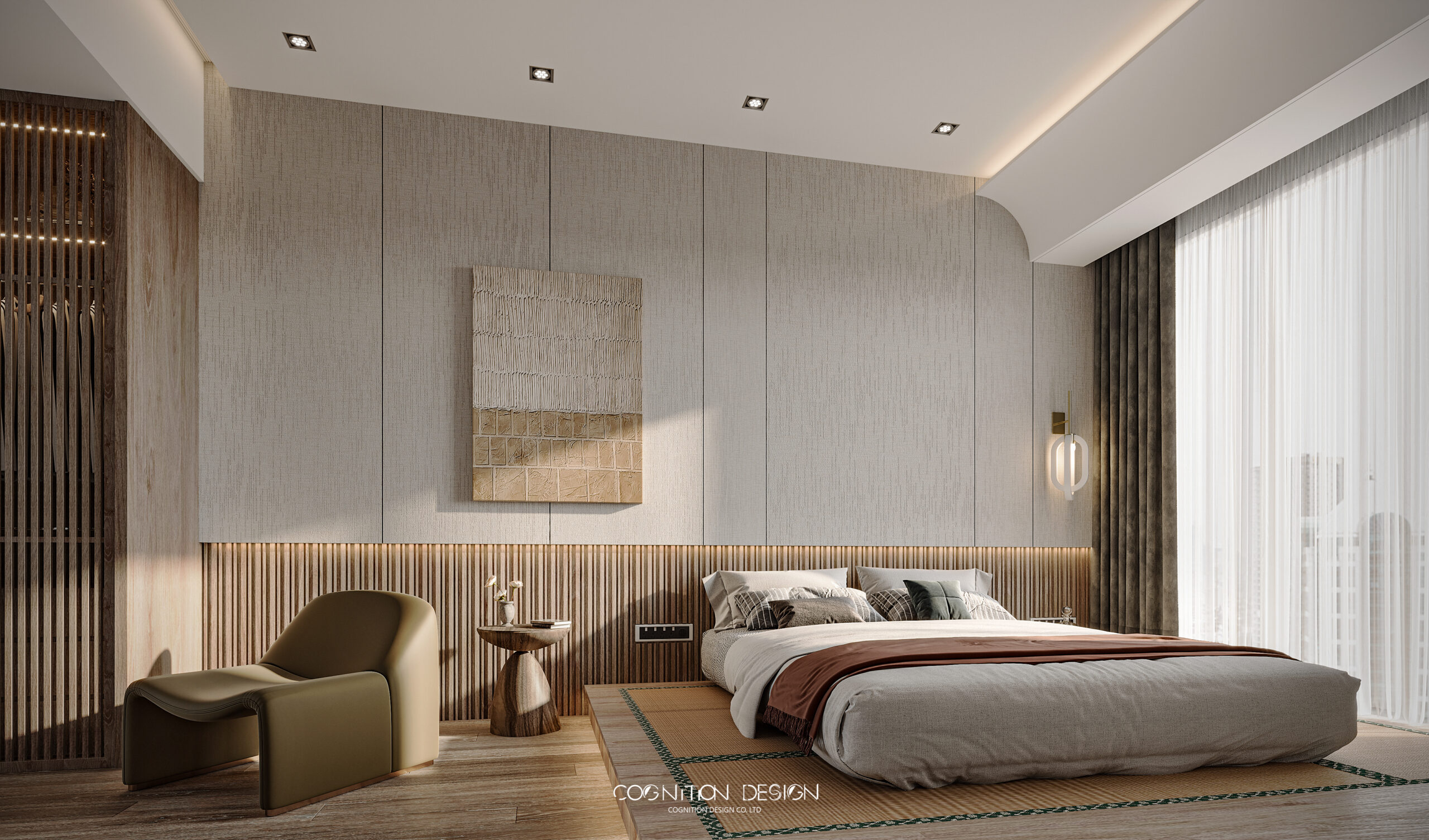 臥室以日式榻榻米為發想，加入一些原始材質例如實木格柵、榻榻米等元素，結合現代居住習慣