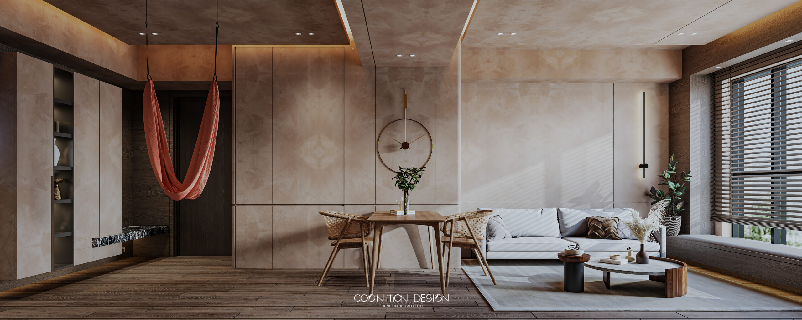 現代日式客廳設計在天花板上增加一組瑜珈繩，打造專屬的居家瑜珈練習空間，適合居家冥想靜心，滿足貴婦名媛在家運動需求