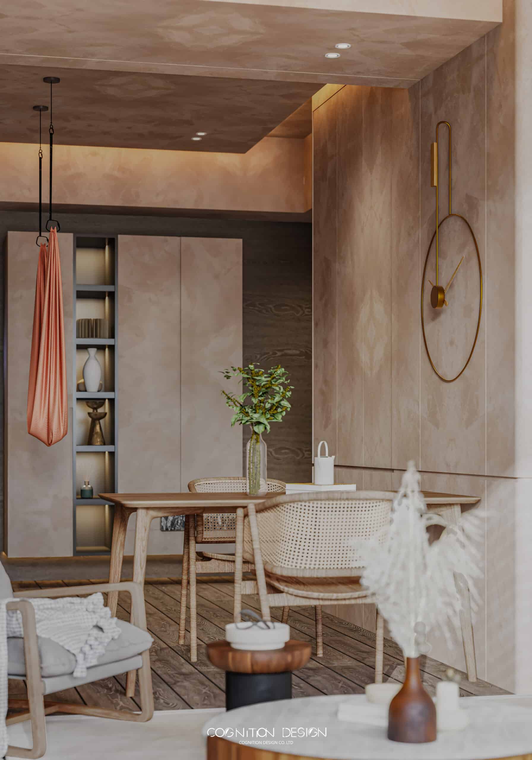 餐廳設計加入藤編元素,牆面使用義大利進口特殊漆,展示空間獨特性