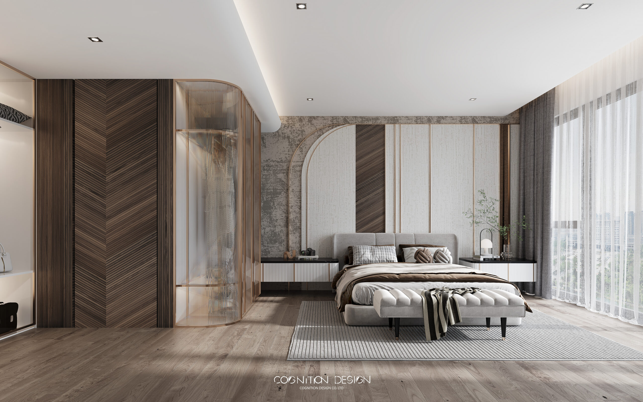 淺色系列的現代低調奢華，利用淺棕色與米白色相互搭配，床頭放置的吊燈及檯燈，與臥室整體格調完美契合，提升了空間的藝術感