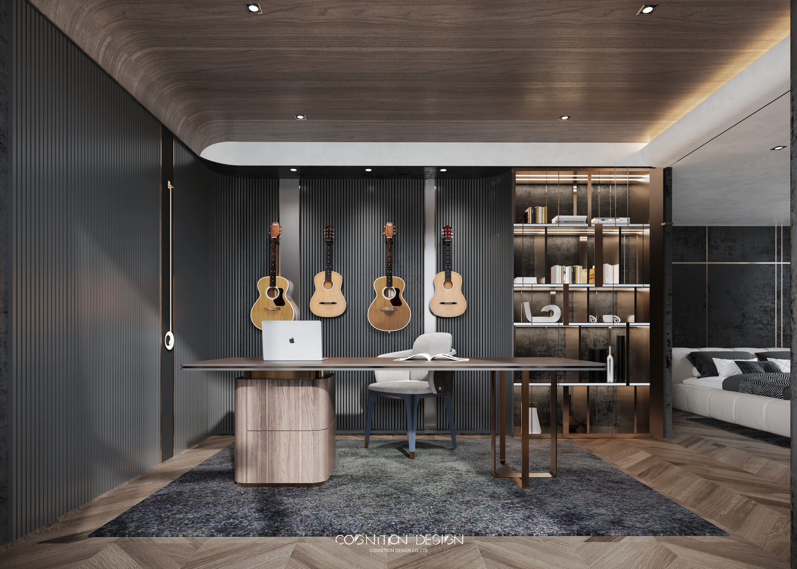 臥室的書房設計，書房背板小巧思讓屋主可以吊掛收藏的名貴吉他，同時吉他也是室內設計的一部分