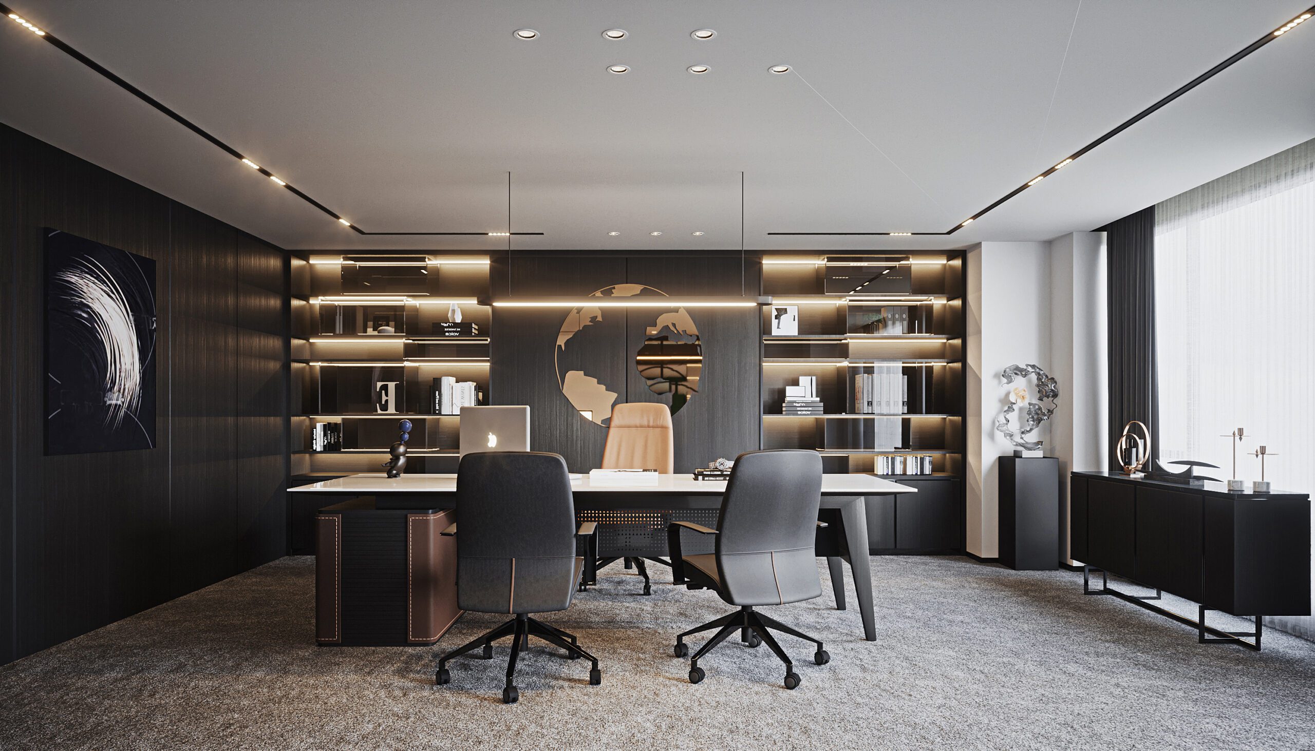董事長辦公室設計以深淺的灰棕色調軟裝配飾還原董事長辦公室以土為基調的設計主題，沉穩、成熟、內斂、威嚴