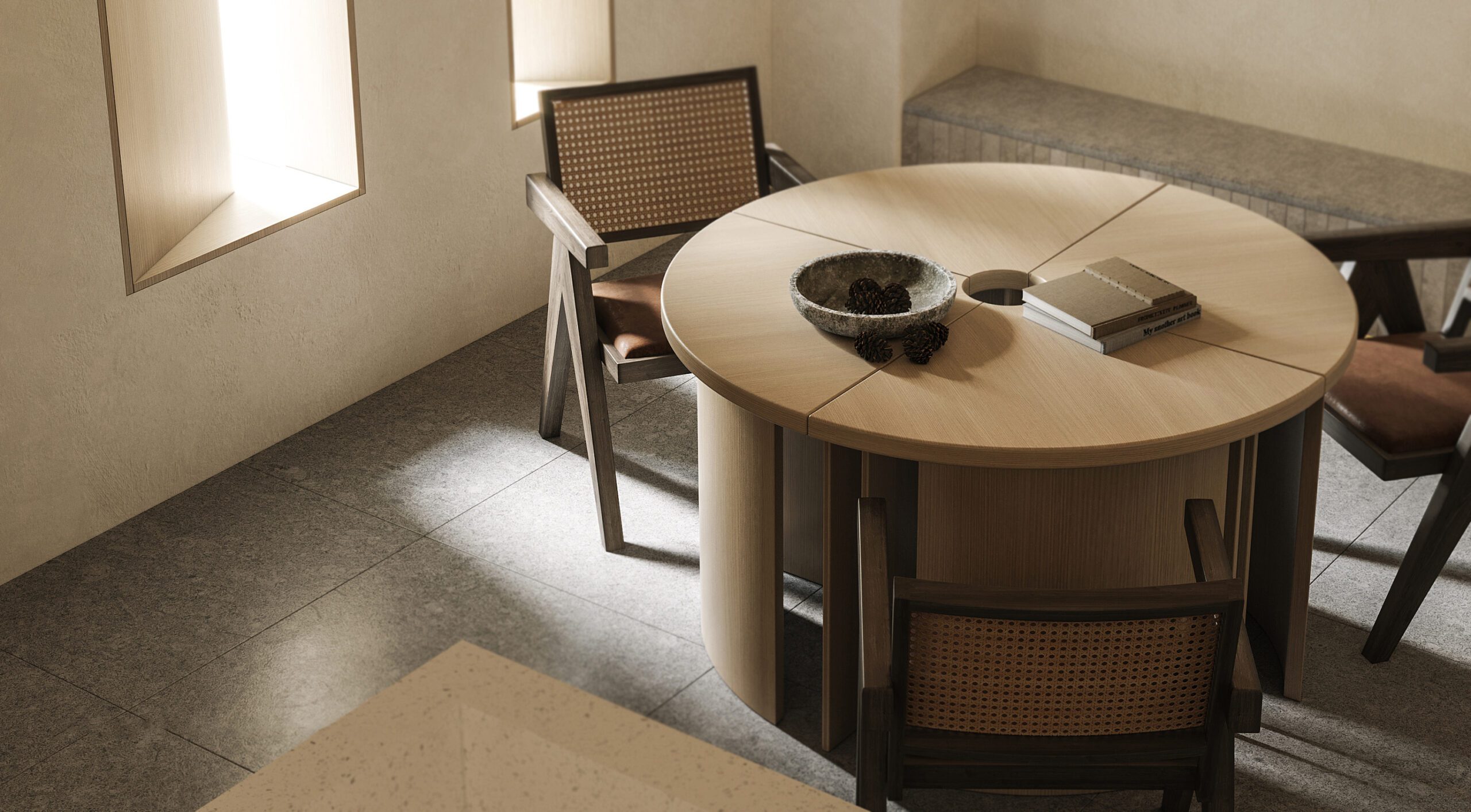 接待區設計實木風格桌椅搭配藤編椅，讓客戶感受舒適氛圍