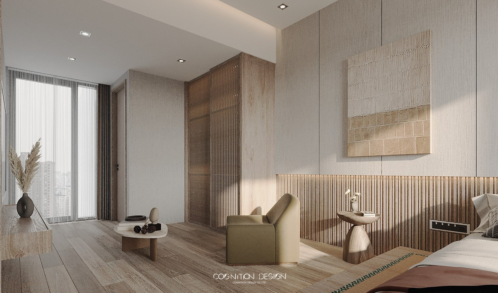 主臥室設計使用格柵板、榻榻米、地台床元素，拼搭出舒適又有質感的日式自然風尚