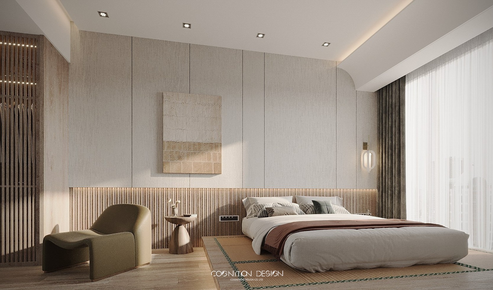 現代日式室內設計風格的大主臥室設計,平衡空間去求同時材質之間的碰撞,打磨著空間設計中新與舊的結合