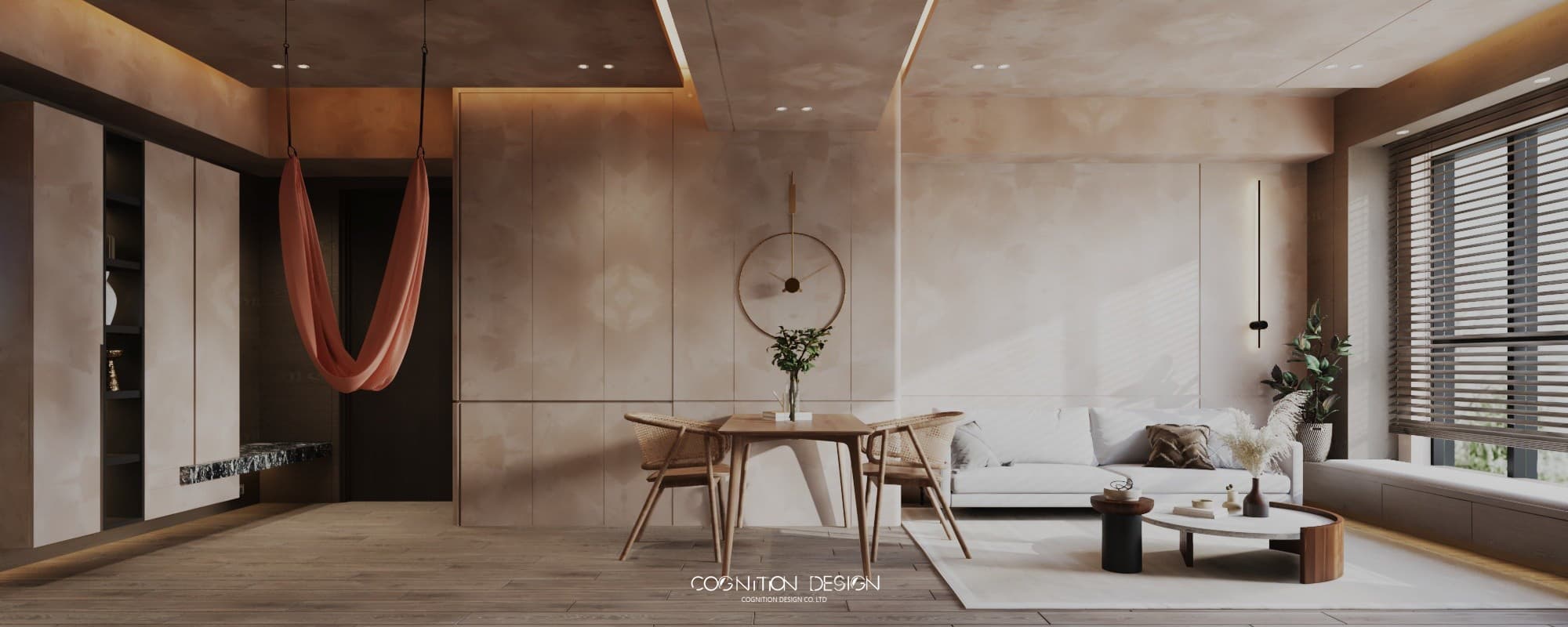 現代日式室內設計風格,將客廳裝潢結合瑜珈繩,打造彈性運動空間滿足現代人需求