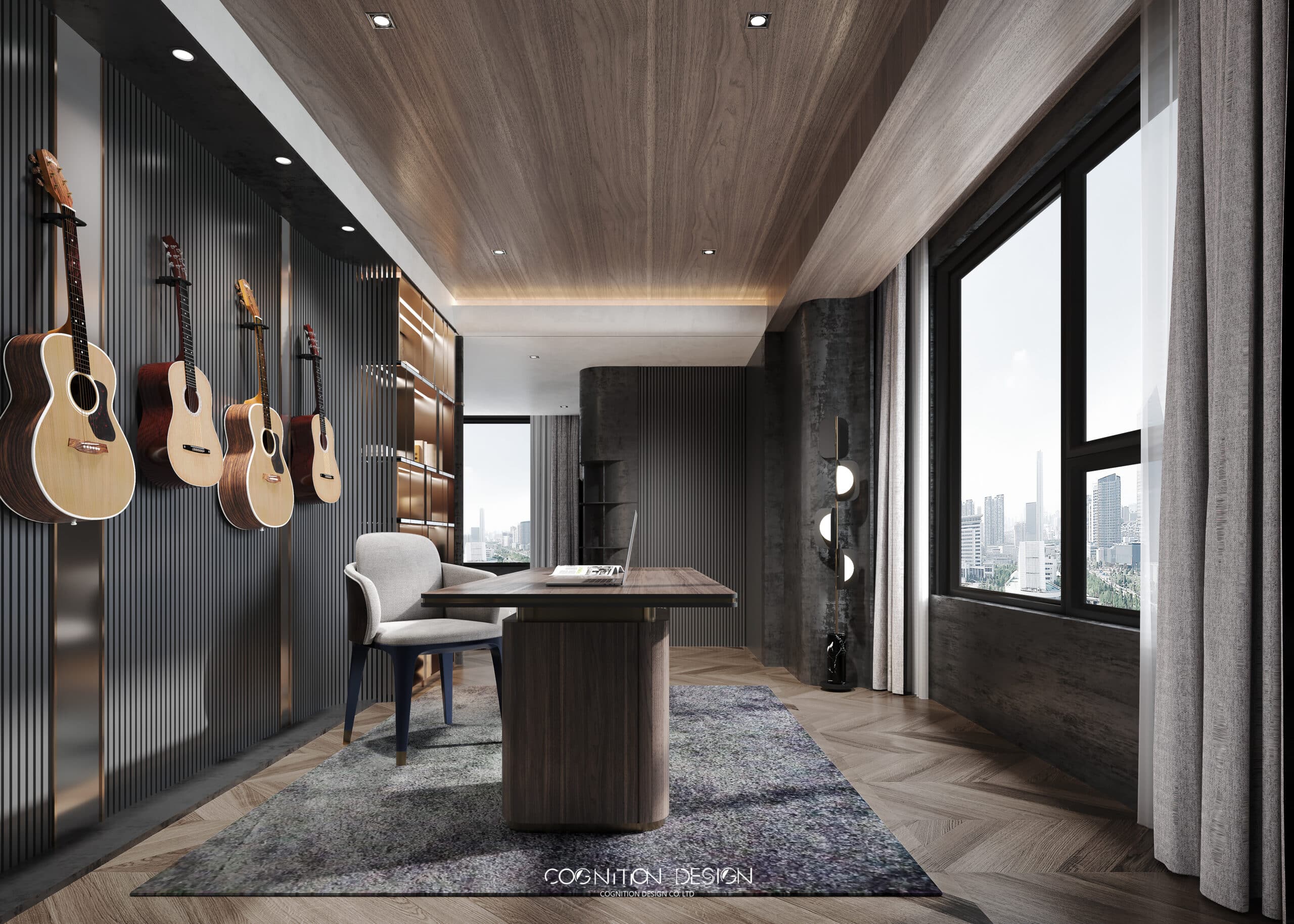 臥室的書房設計,地面選用木頭及地毯,柔韌的材質作緩衝,可有效隔音