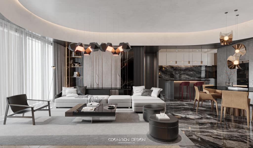 桃園青埔京懋睿和成屋設計，客餐廳一體舒適不擁擠，低調奢華室內設計風格延伸至設計師挑選的家具與居家用品