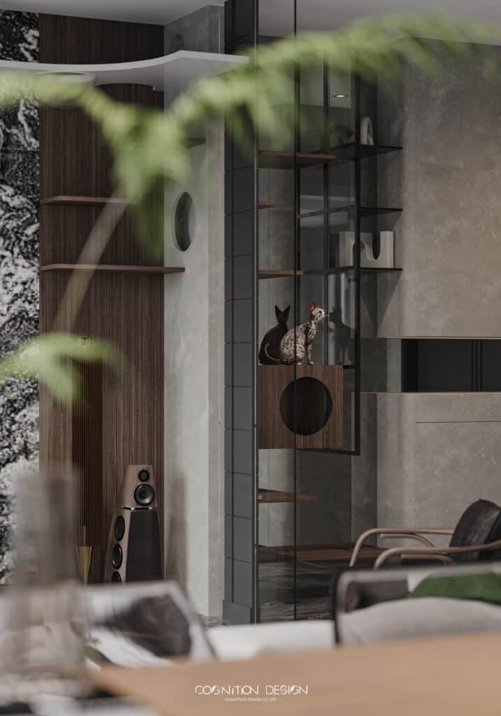 客廳設計中擺放高級音響，層架結合貓咪跳台，打造寵物友善空間