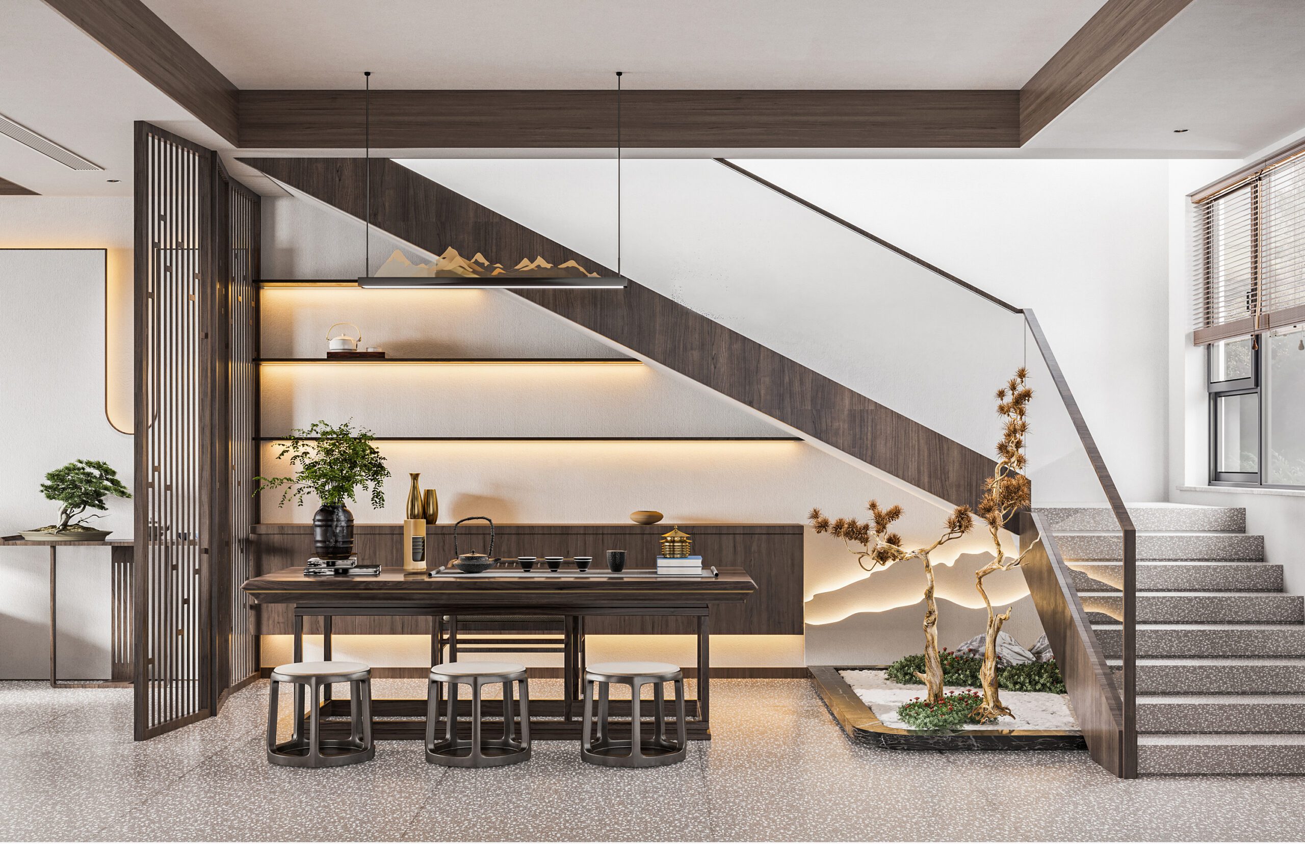 新中式風格設計分享圖，木質色調家具搭配植栽所打造的多功能休憩空間