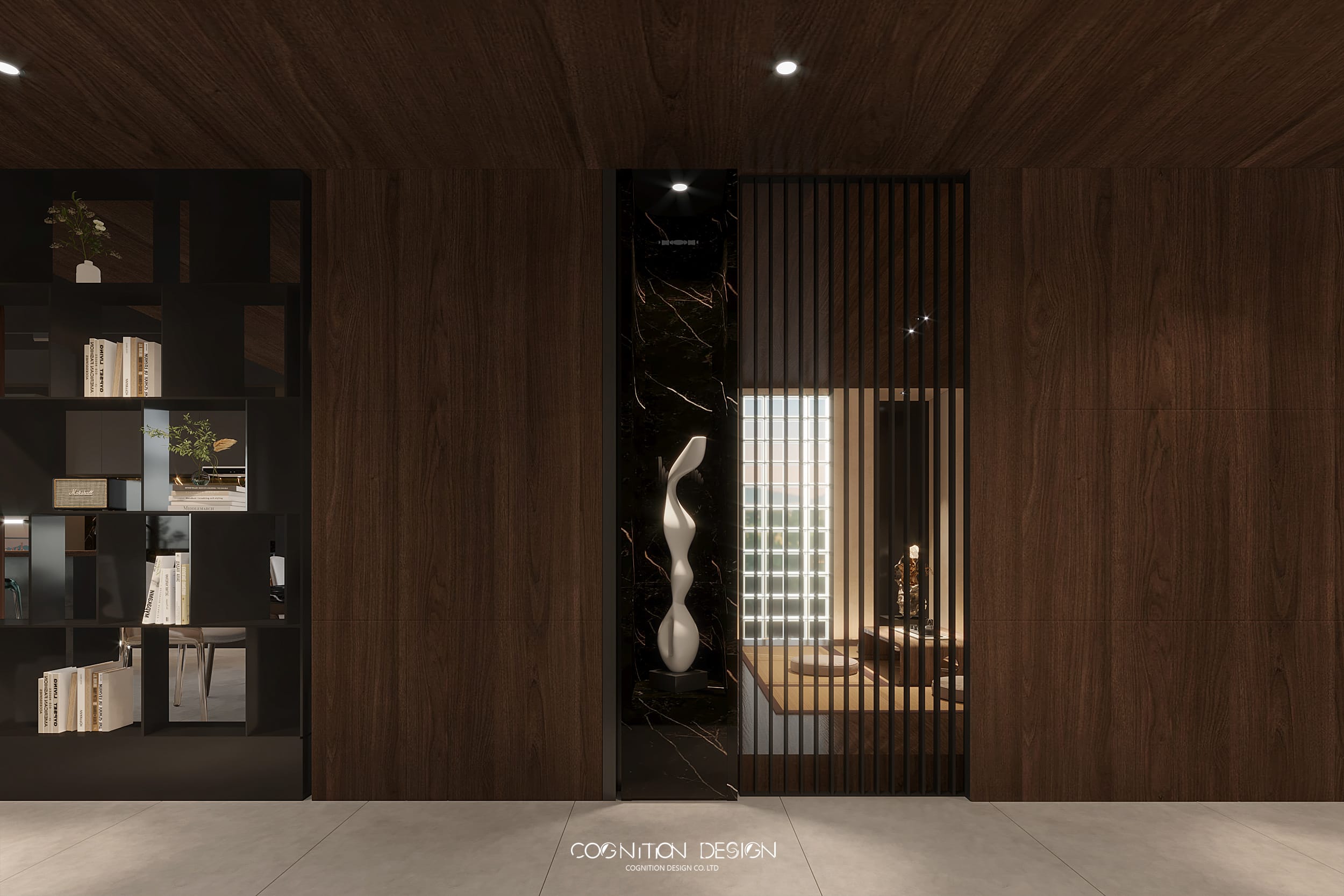 新中式豪宅設計，大面積牆面搭配屏風與大理石