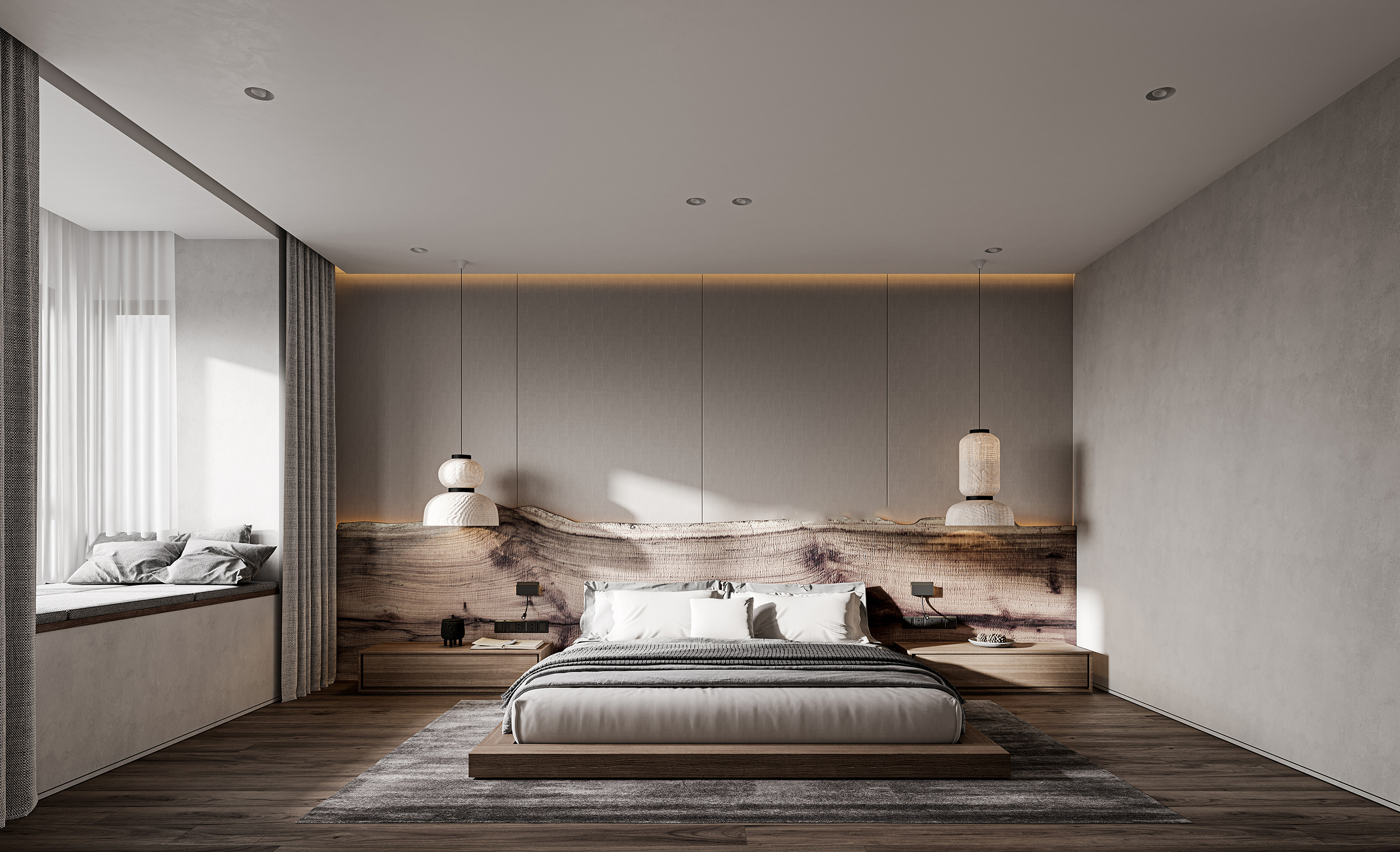 臥榻區設計也很適合放在現代侘寂風臥室設計中，滿足休閒時光