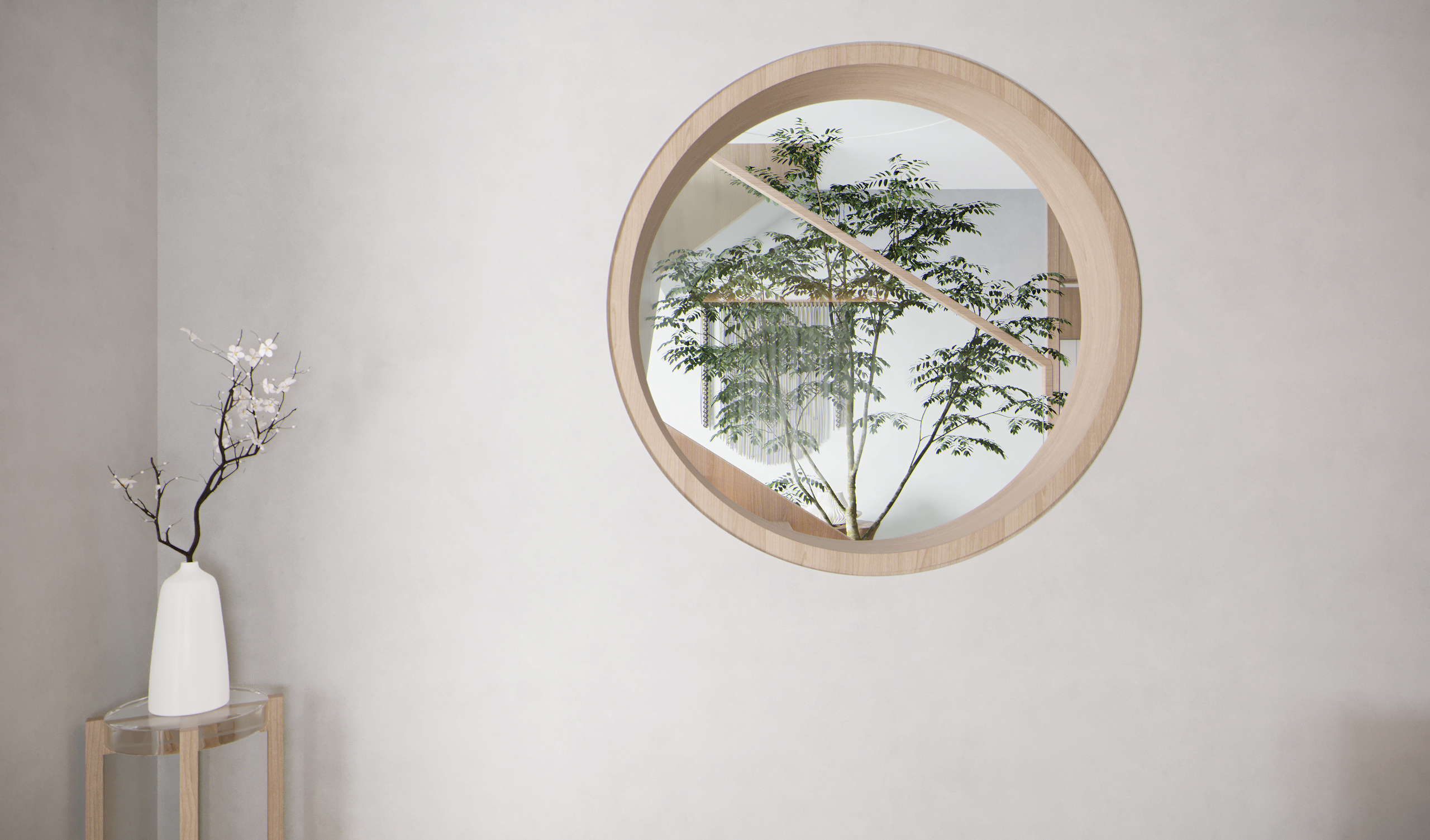 日式圓形窗框配上自然元素，松柏類的植物也非常適合