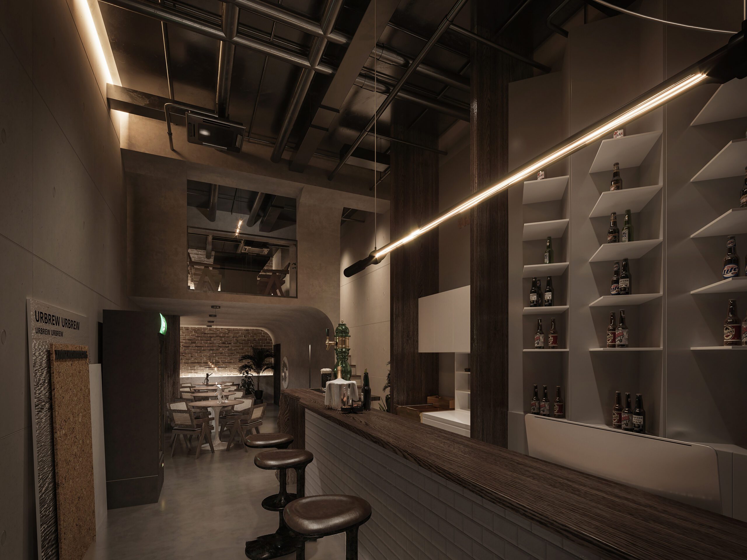 酒吧設計運用褐色的木質材質與黑色的點綴，打造小眾高級感