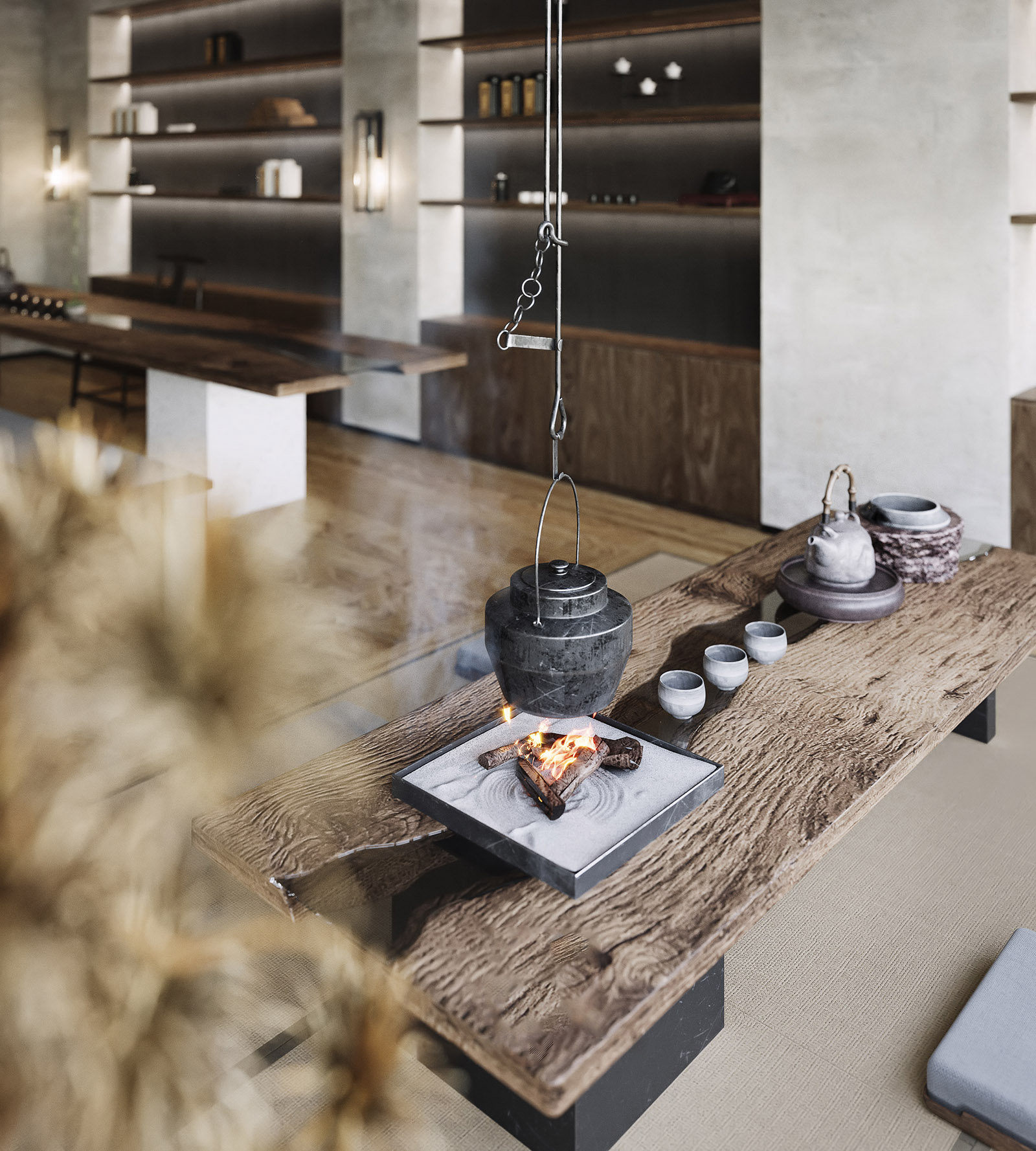 日式風格房間以實木北歐風茶几強調創造帶有藝術美學的純淨茶室空間