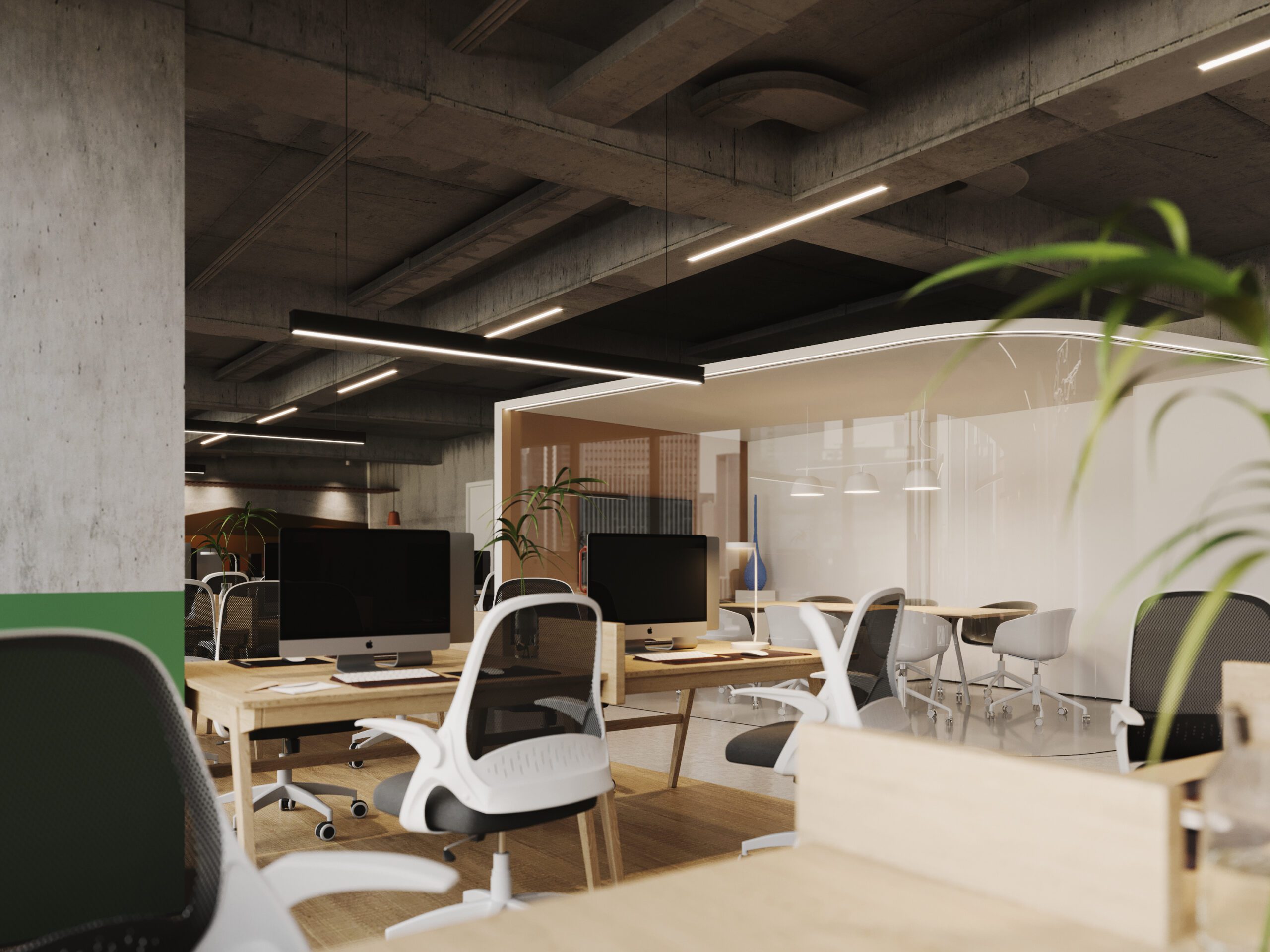 工業風辦公室設計創造未來式的整體性開放格局，讓多個維度的空間可以在此交互，讓人可以充分參與到對空間的感知中