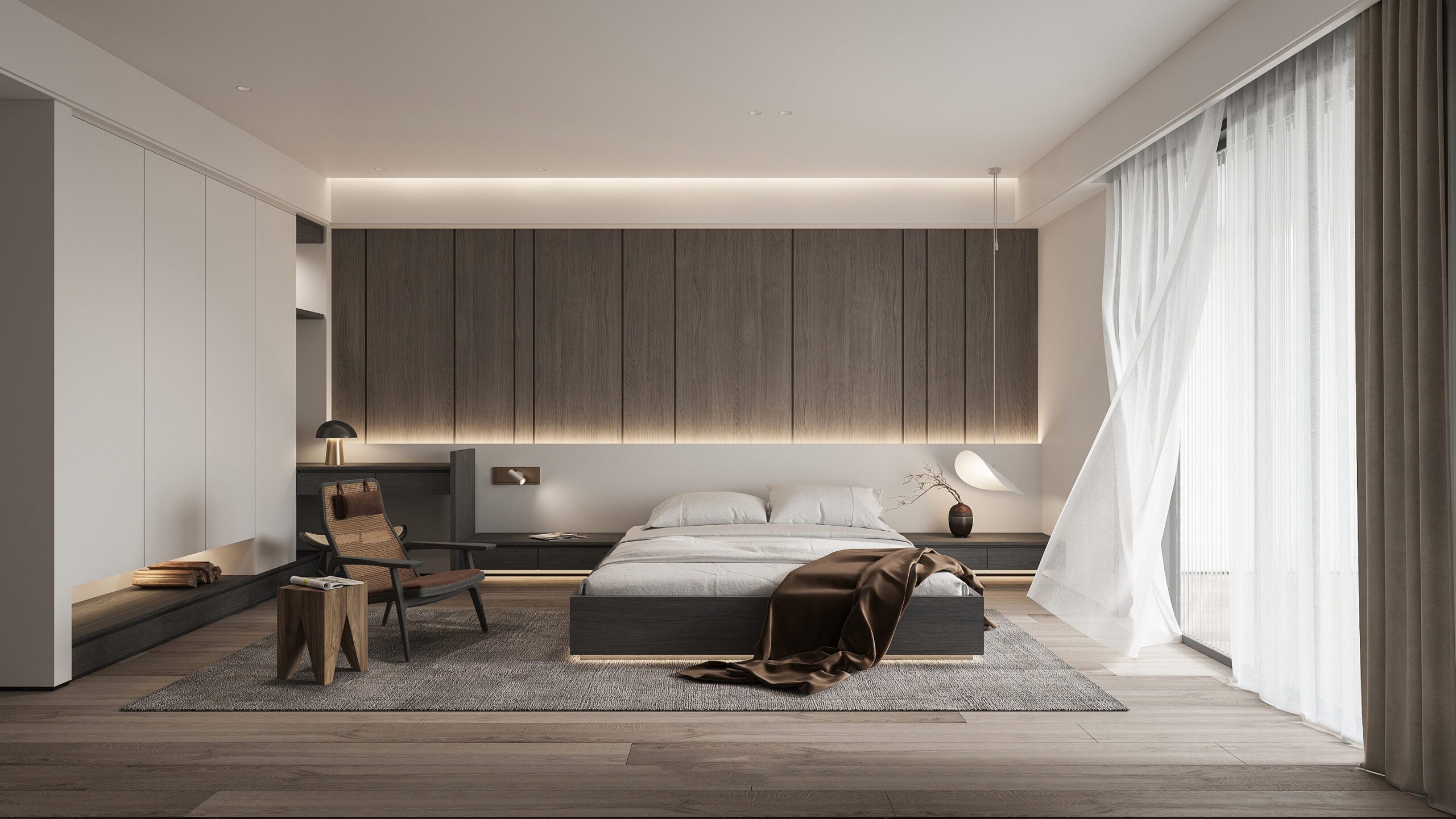 新中式風格設計分享圖，木質色調基底搭配大片落地窗及系統櫃所打造的臥室