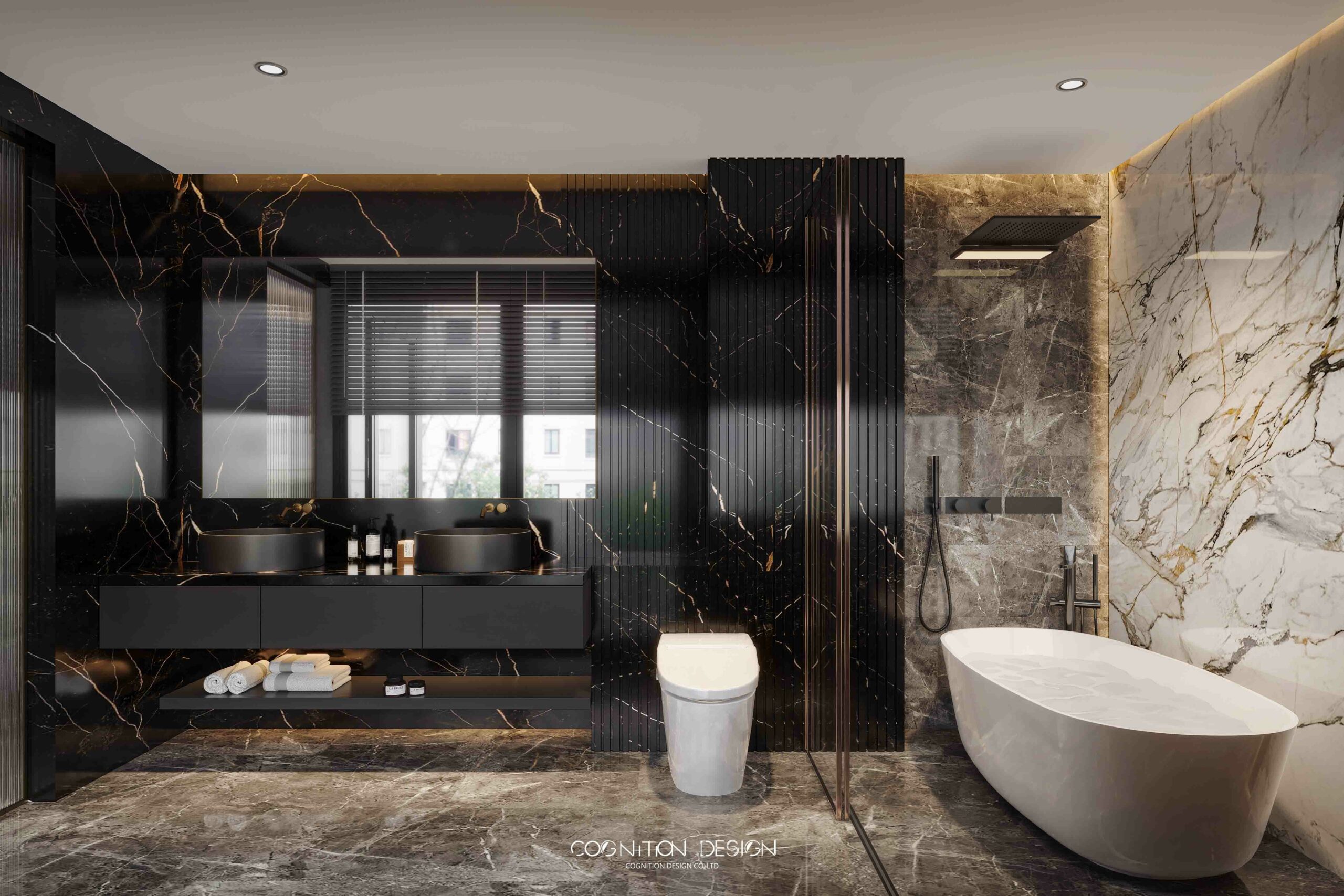 衛浴空間明確的乾濕分離，室內設計師運用三種顏色大理石牆面，調和整體空間協調性