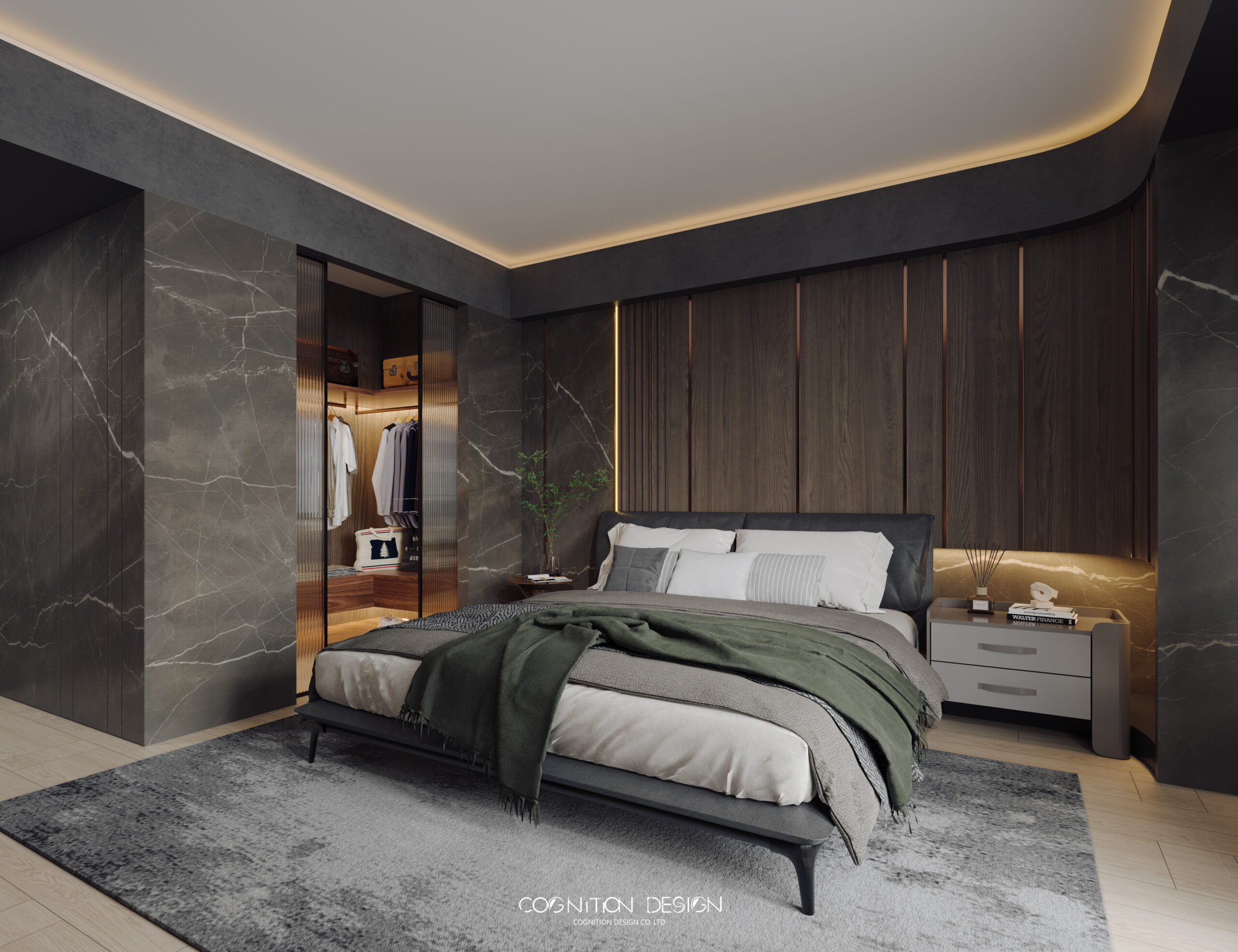 臥室空間設計以簡潔為主，利用大理石、實木貼皮牆面，強調新中式自然感，同時保留自然光線提供舒適的環境