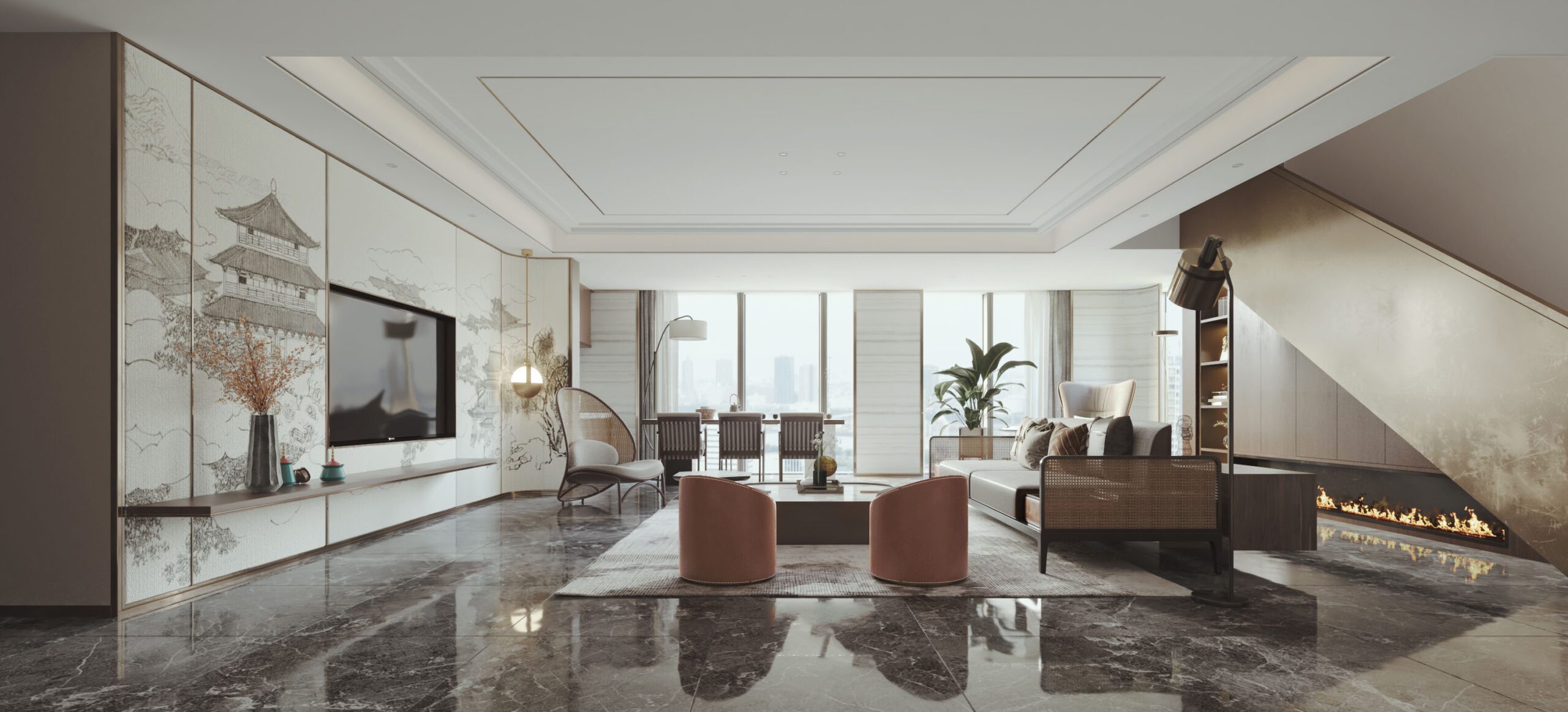 新中式客廳設計，結合東方元素，整體空間寬敞舒適白淨優雅，營造出低調隱密的美