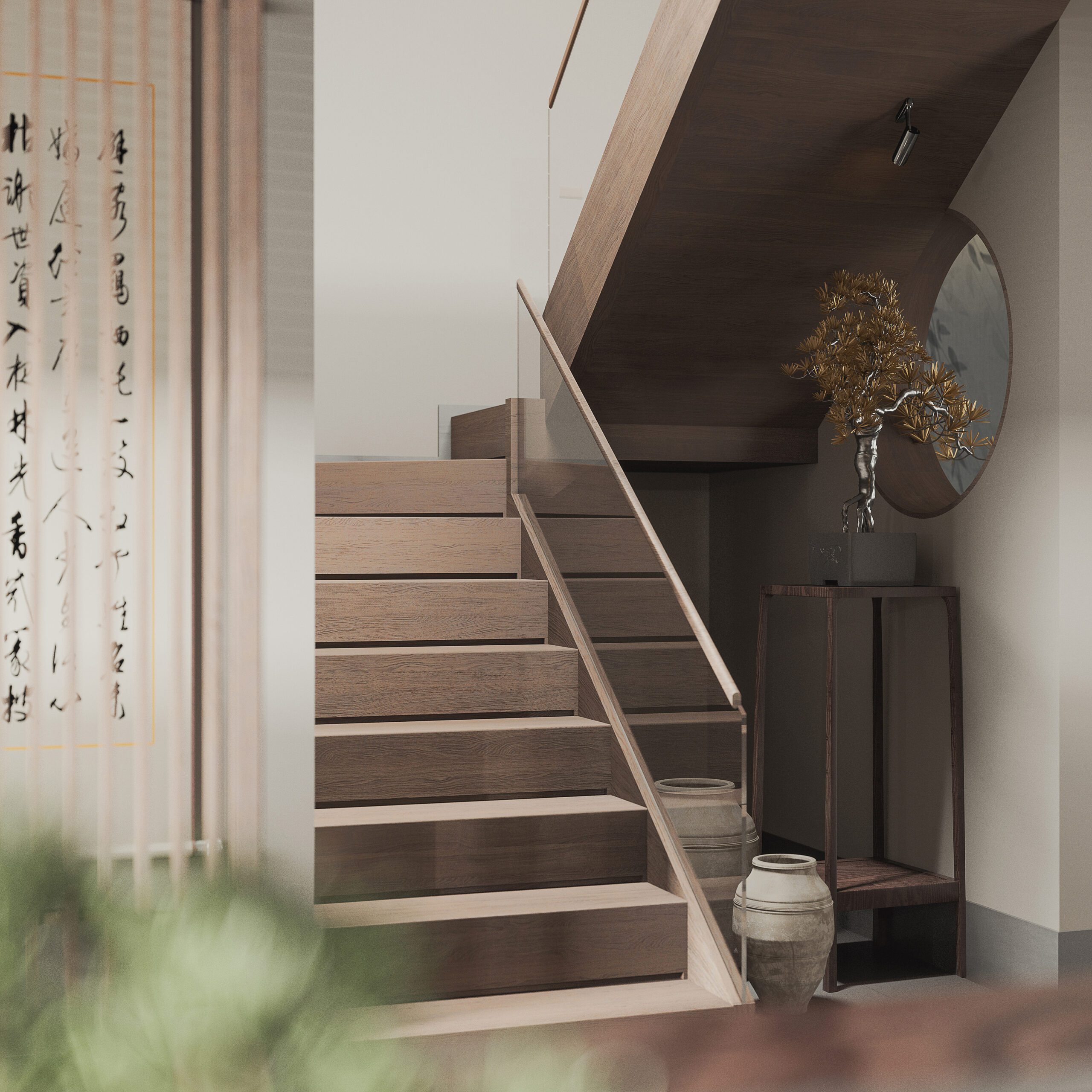 樓梯間空間角落裡擺放著中式擺飾品，增加空間中的協調性