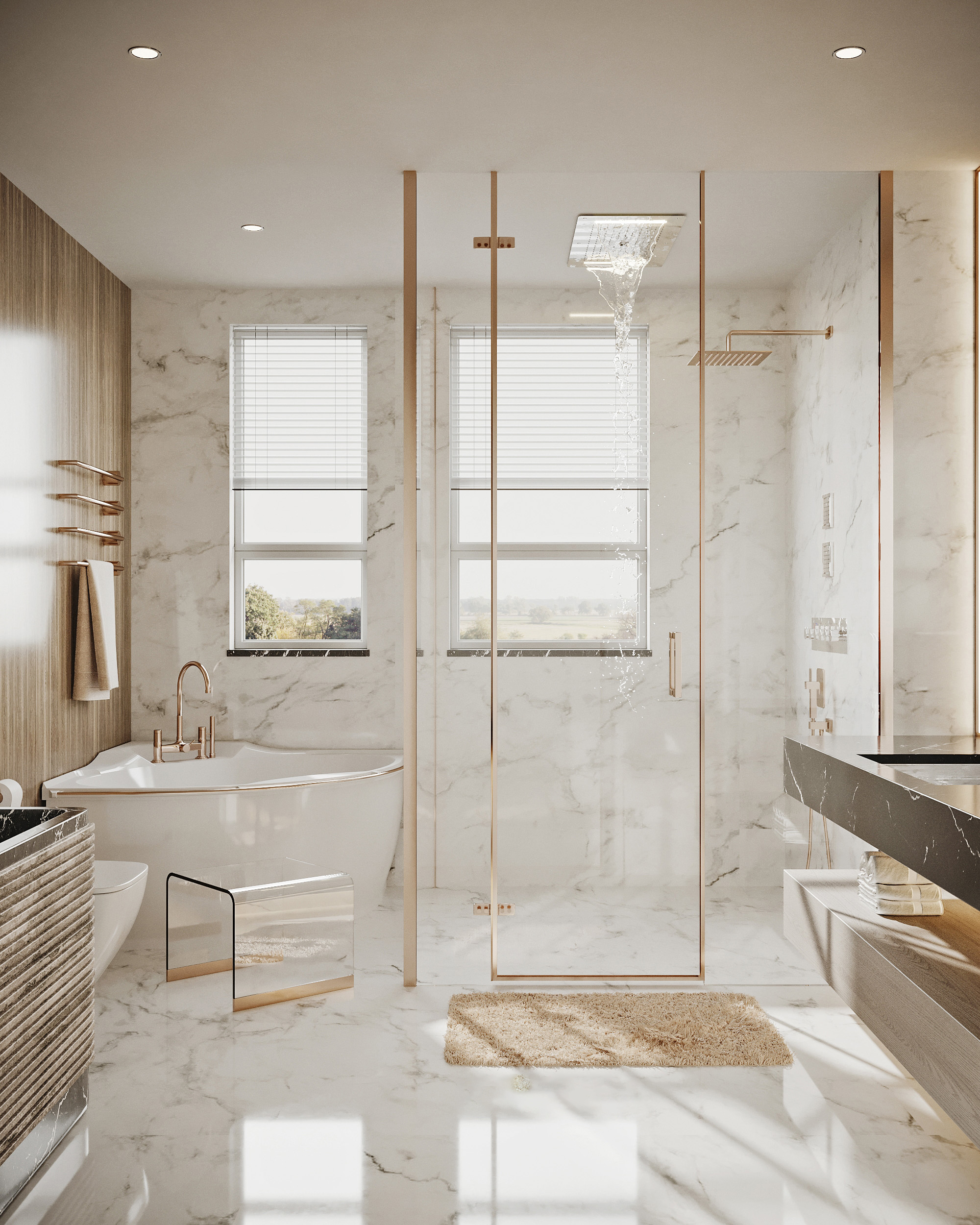 白色大理石配上金色金屬材質邊框，大大提升浴室空間質感