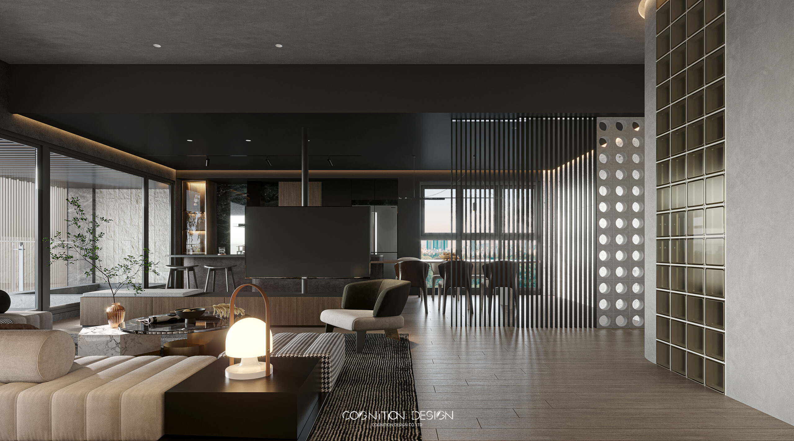 開放式客餐廳室內設計方式，客廳室內設計中使用可360度旋轉電視架可任意轉換觀賞位置，滿足享受影音娛樂的需求
