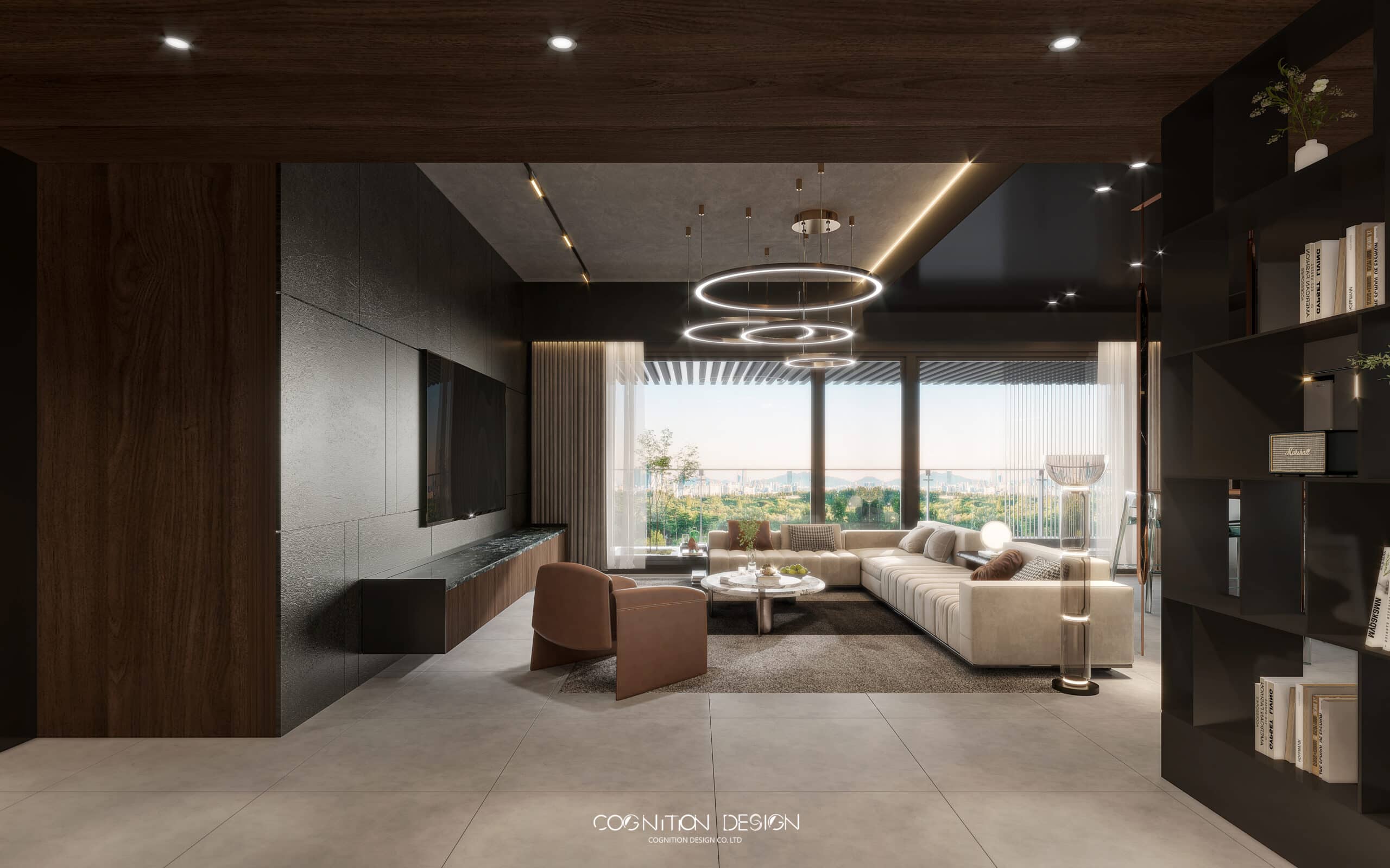 台北文山區山嵐映月，結合開放式餐廳打造出空間廣闊的客廳設計