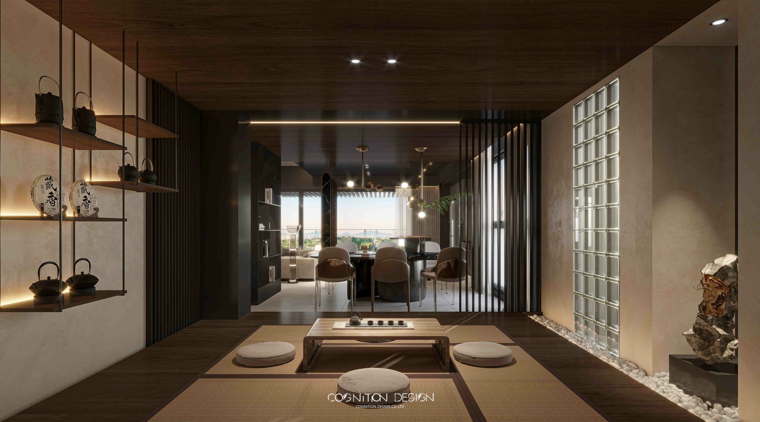 在泡茶區室內設計榻榻米配上木質感的空間，使空間附有禪意，搭配上玻璃磚增加空間整體採光