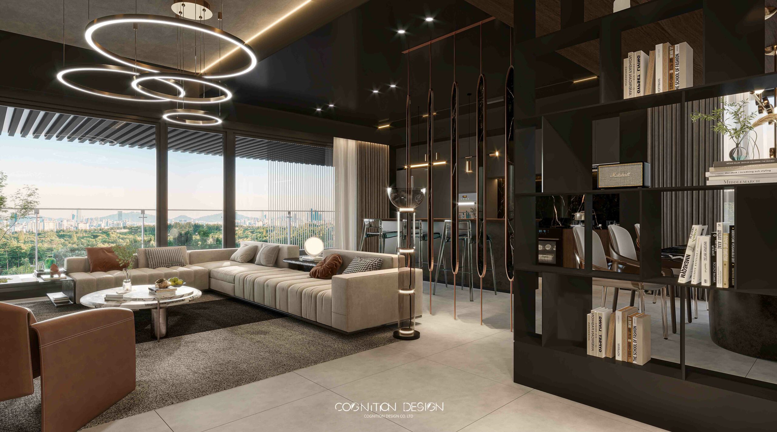 現代奢華客廳室內設計結合新中式美學風格，在客廳室內設計中採用大面積玻璃帷幕，增加空間採光，俐落的線條也散發空間特色