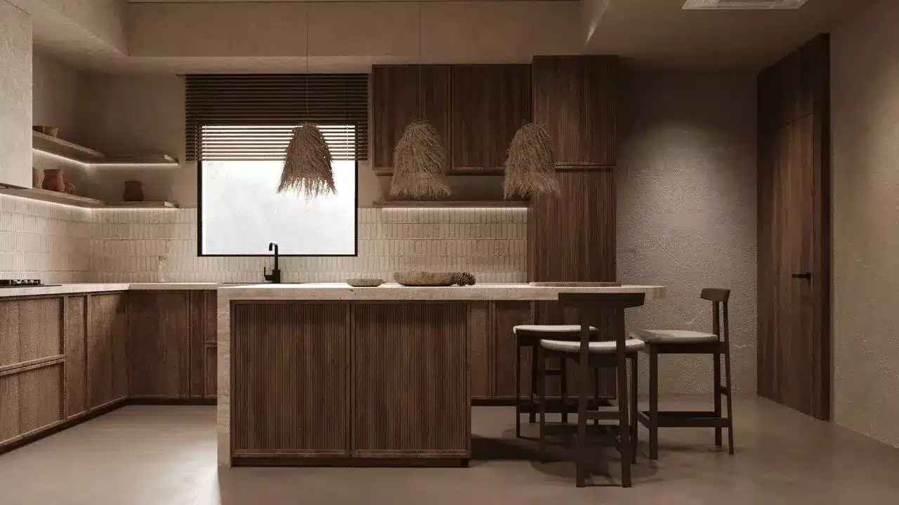 侘寂風廚房設計,大地棕與枯木色點綴增加空間視覺層次與重心
