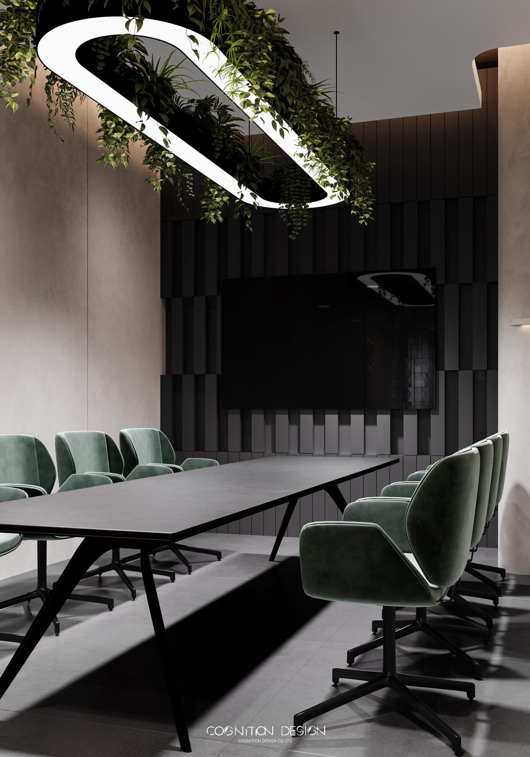 在辦公室空間的會議室設計中明亮的燈光，簡單利落的線條，規整的佈局，讓會議室兼顧舒適度，更能高效會議