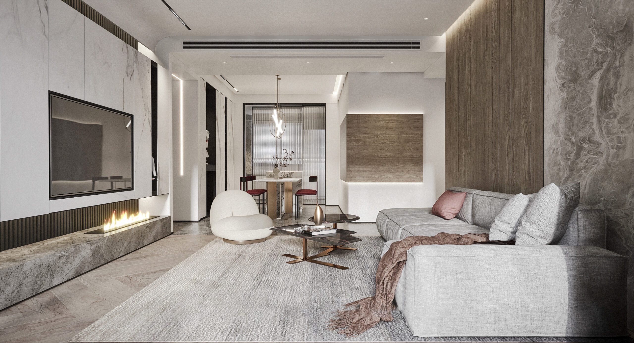 客廳設計中使用大理石、木材的經典搭配，整體空間高級精緻細膩