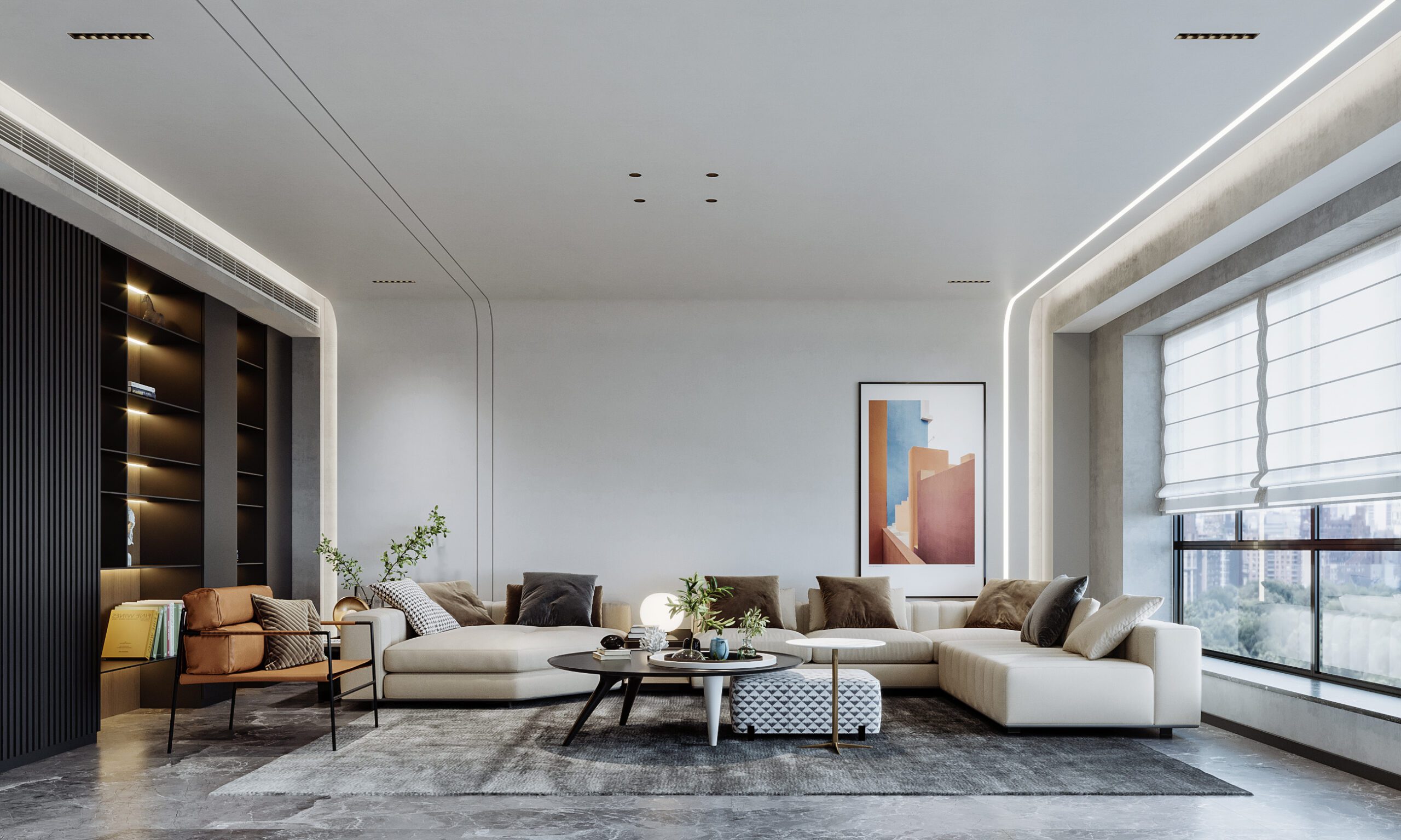 現代簡約大客廳設計，給人以簡潔、大方、優雅的感覺，將藝術與生活相結合，低調奢華，簡約精緻