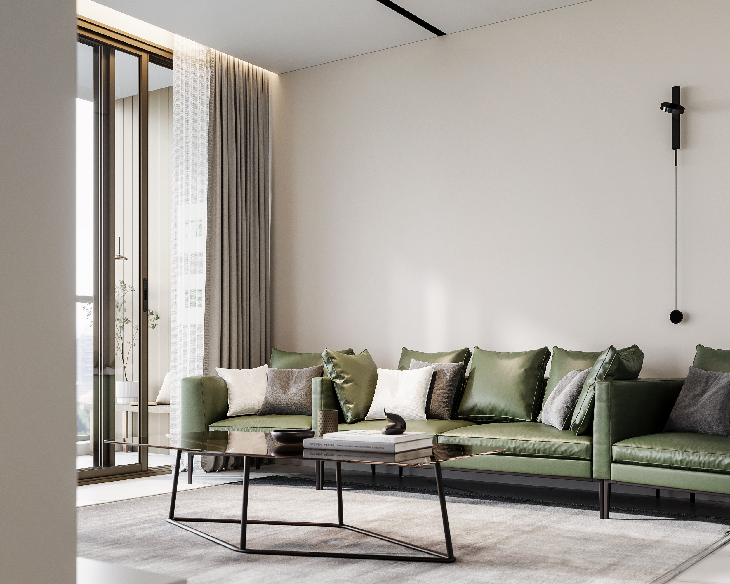 現代簡約風的客廳設計加入工業風的墨綠色沙發，營造出一種大膽個性的設計美