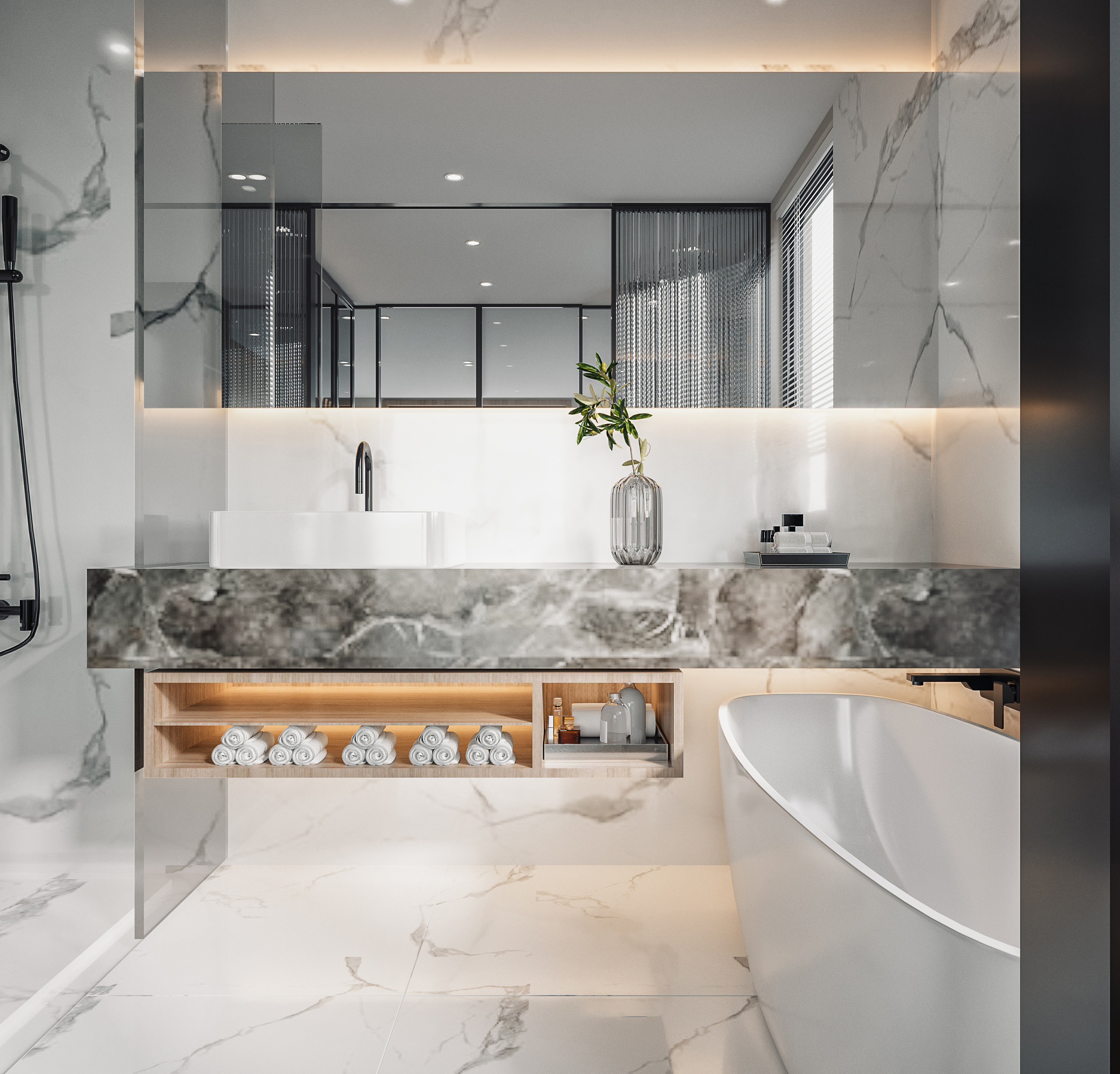 衛浴設計中採用黑白對比的大理石色塊，看似對立卻又相互依存，有光既有影