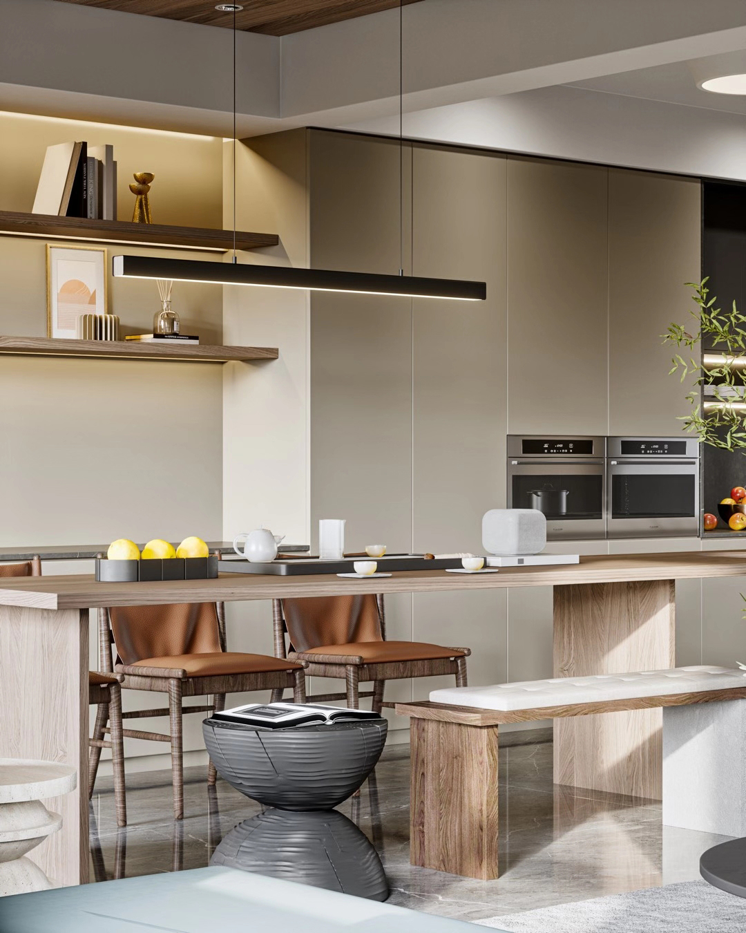 廚房設計高級的咖色、灰色為主色調與溫馨的原木，形成一種精緻而溫馨的高級感