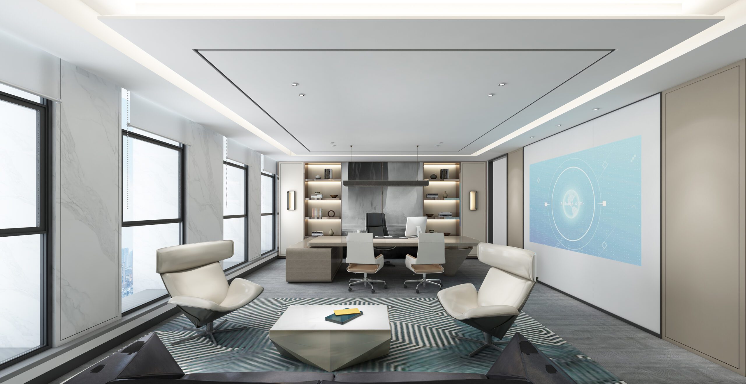 利用白色展現出現代科技未來感辦公室，搭配上特殊造型椅等等的軟裝，加固科技感辦公室設計