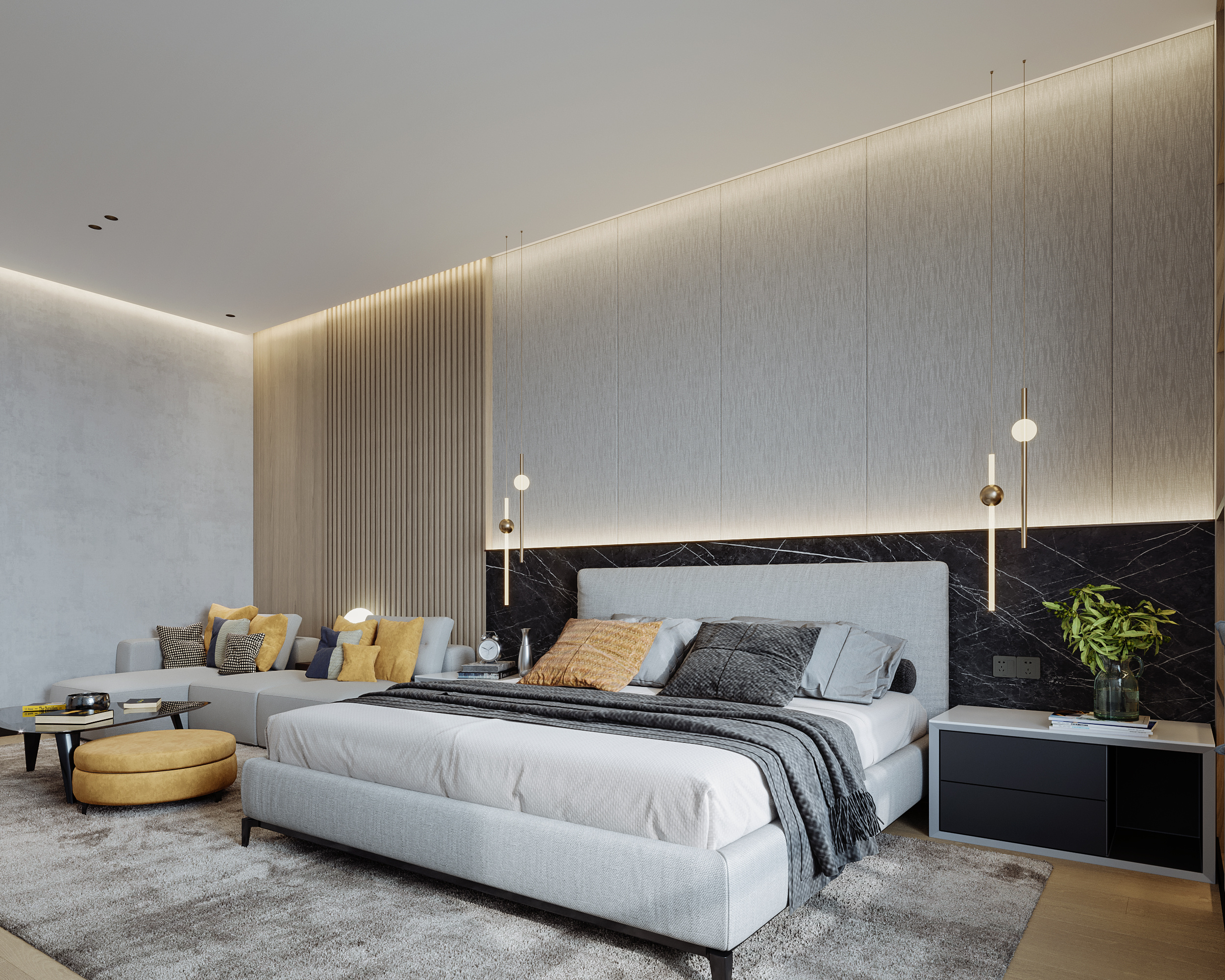 主臥室裝潢中大量的柔性燈帶打造出的柔和燈光，讓光線成為整個臥室最不缺的元素，木色與白色在自然光的牽引下，呈現出柔美的氛圍感