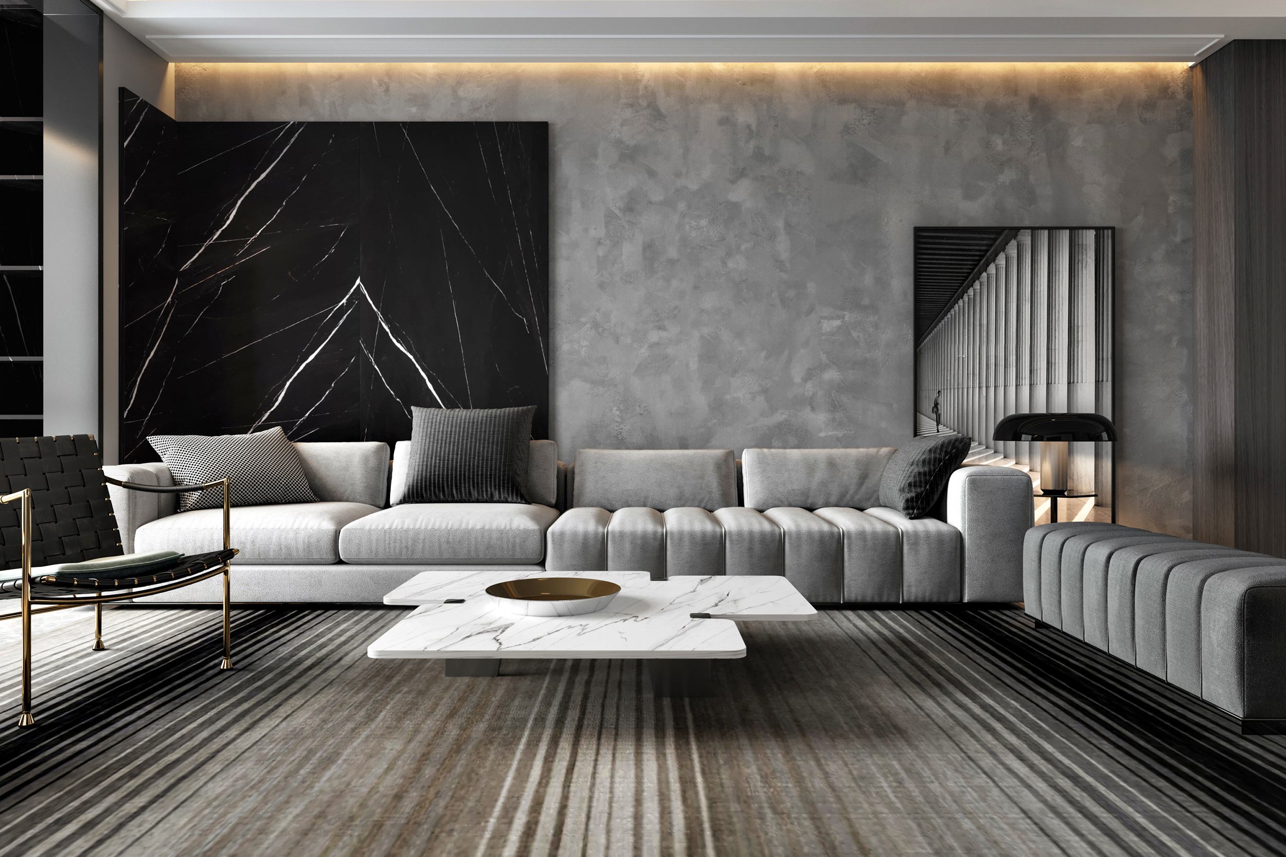现代黑白灰客廳設計中，使用柔光磚的質感再配上現代黑白灰的家具，沒有多餘的跳色，簡單耐看又高級