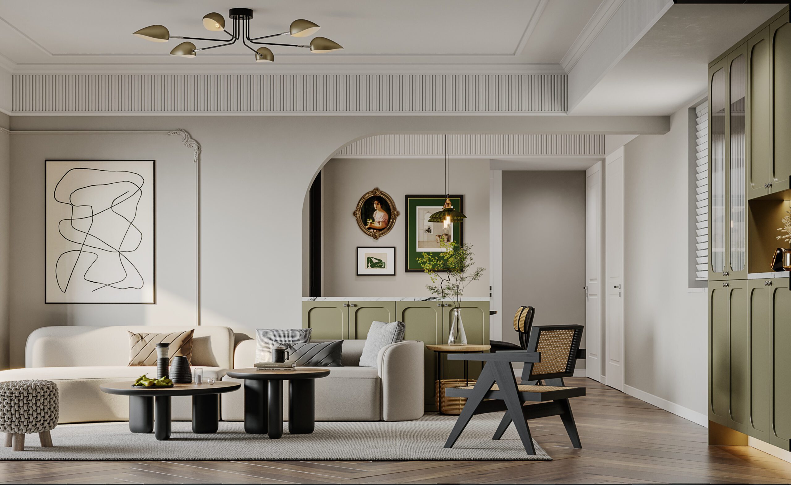 莫蘭迪綠色的簡約、奶油風、現代、侘寂風格客廳設計