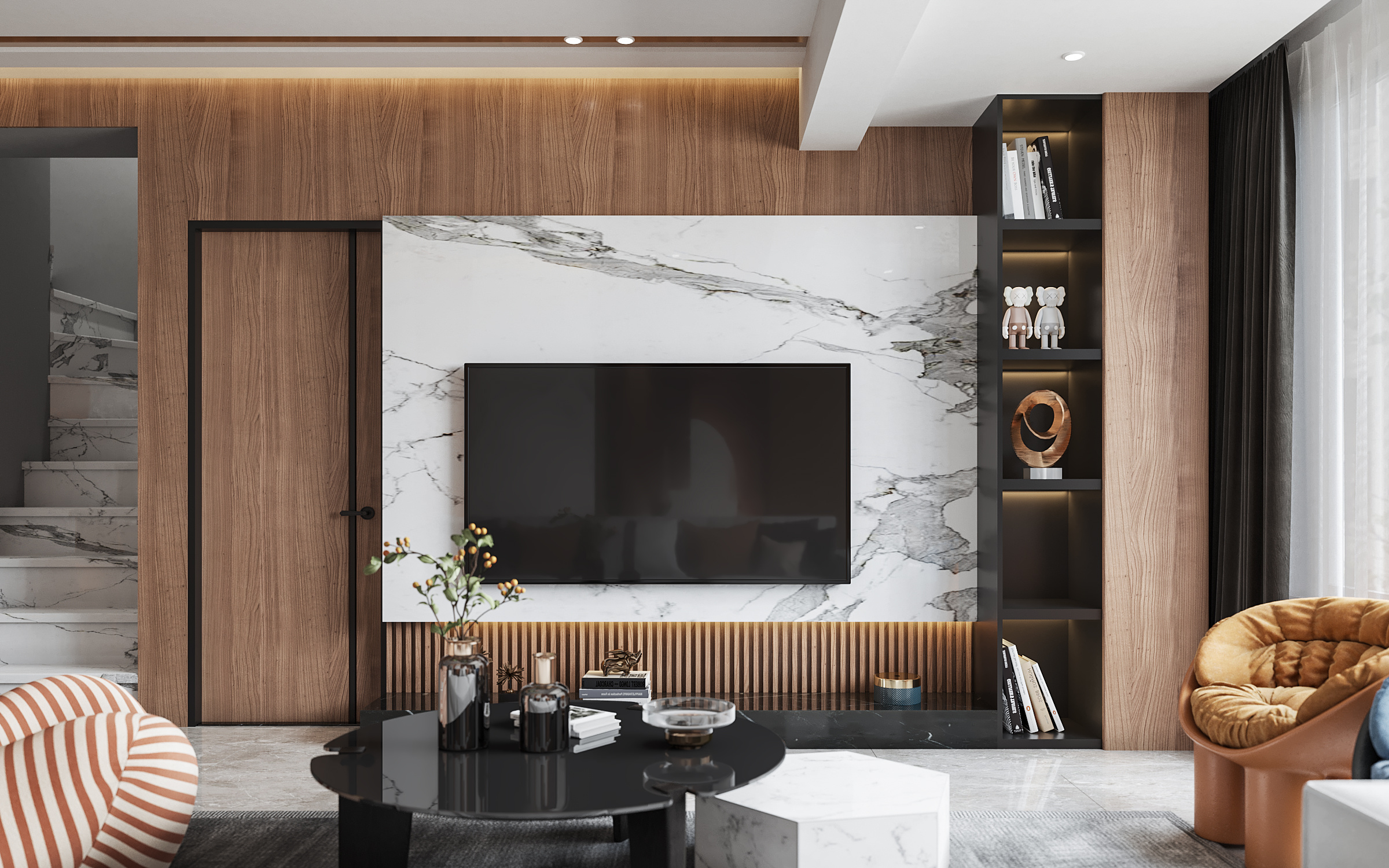 現代輕奢客廳設計中以白色大理石作為電視牆設計，搭配上胡桃木前面多了一份穩重