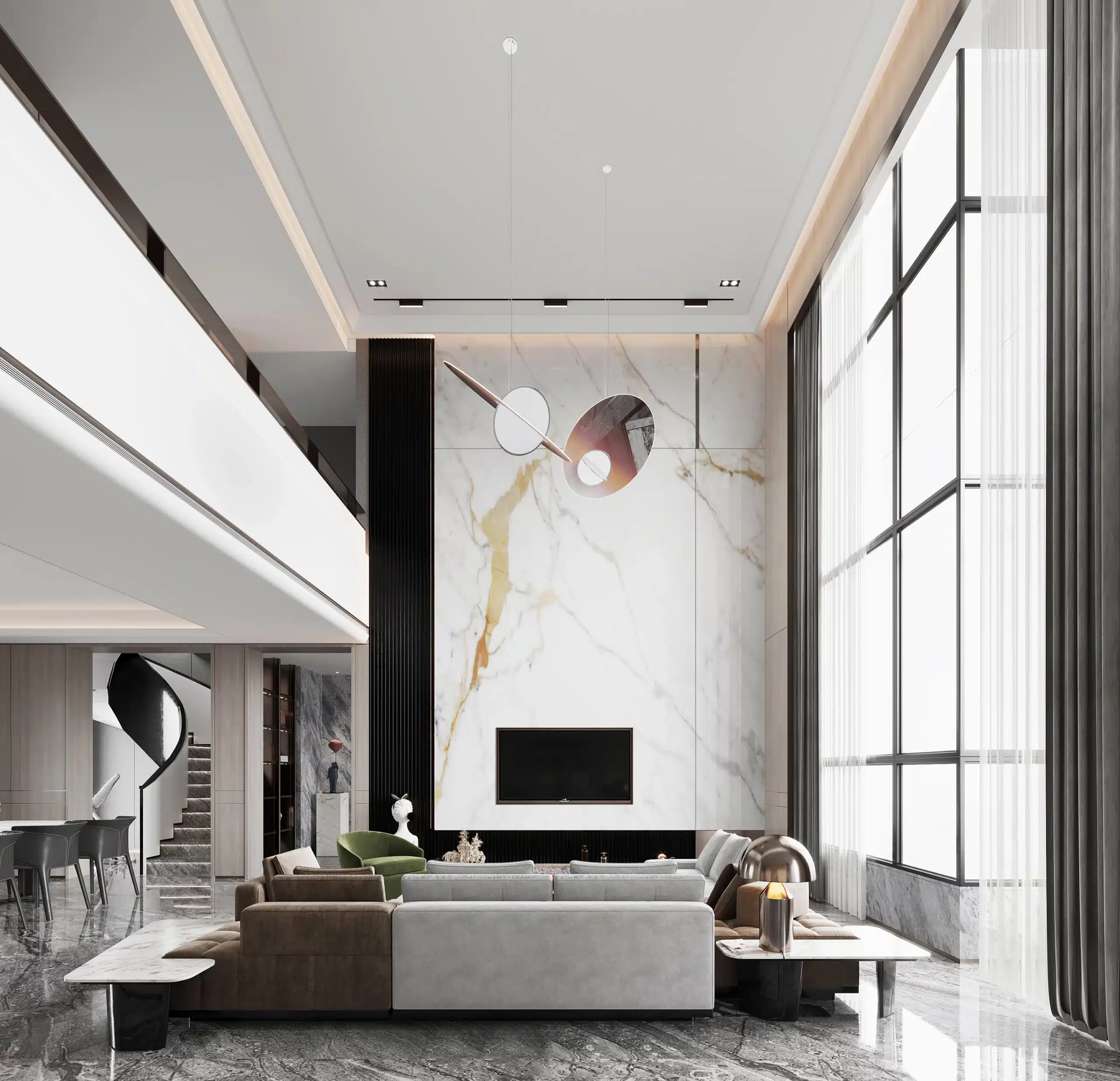 強調高對比視覺張力的現代風空間，在全白牆面搭配黑色鐵件線條，展現立體且清晰的空間輪廓。