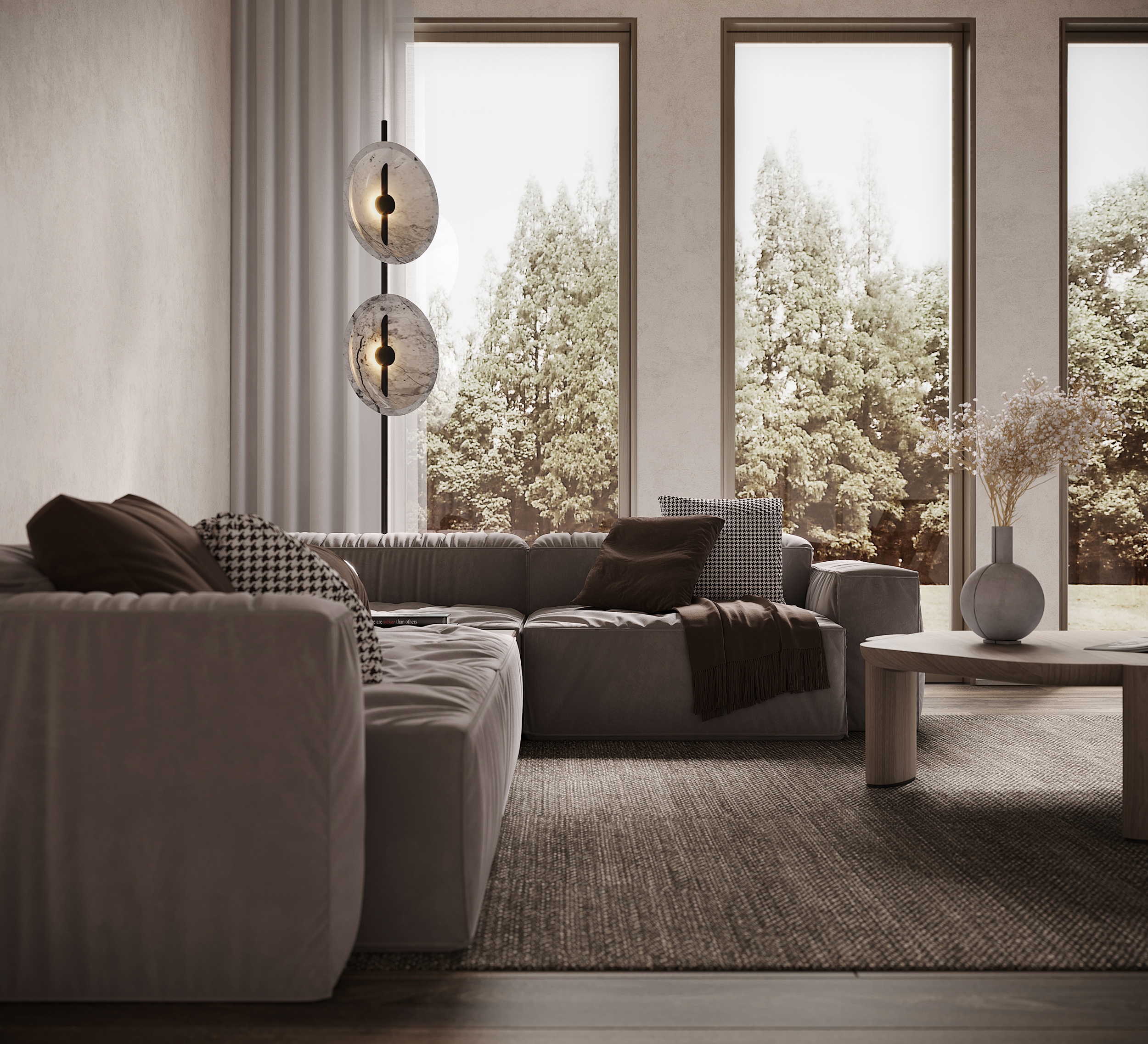 高級感的現代簡約風，客廳沙發旁使用通透的玻璃外觀，以簡約純粹的設計帶來精緻的享受