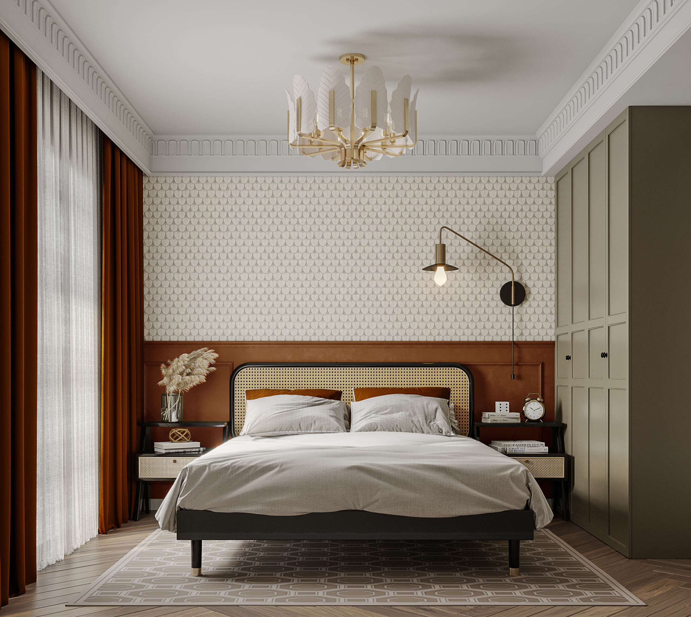 主臥室設計中加入古典感的橘色，金屬燈飾帶出現代感