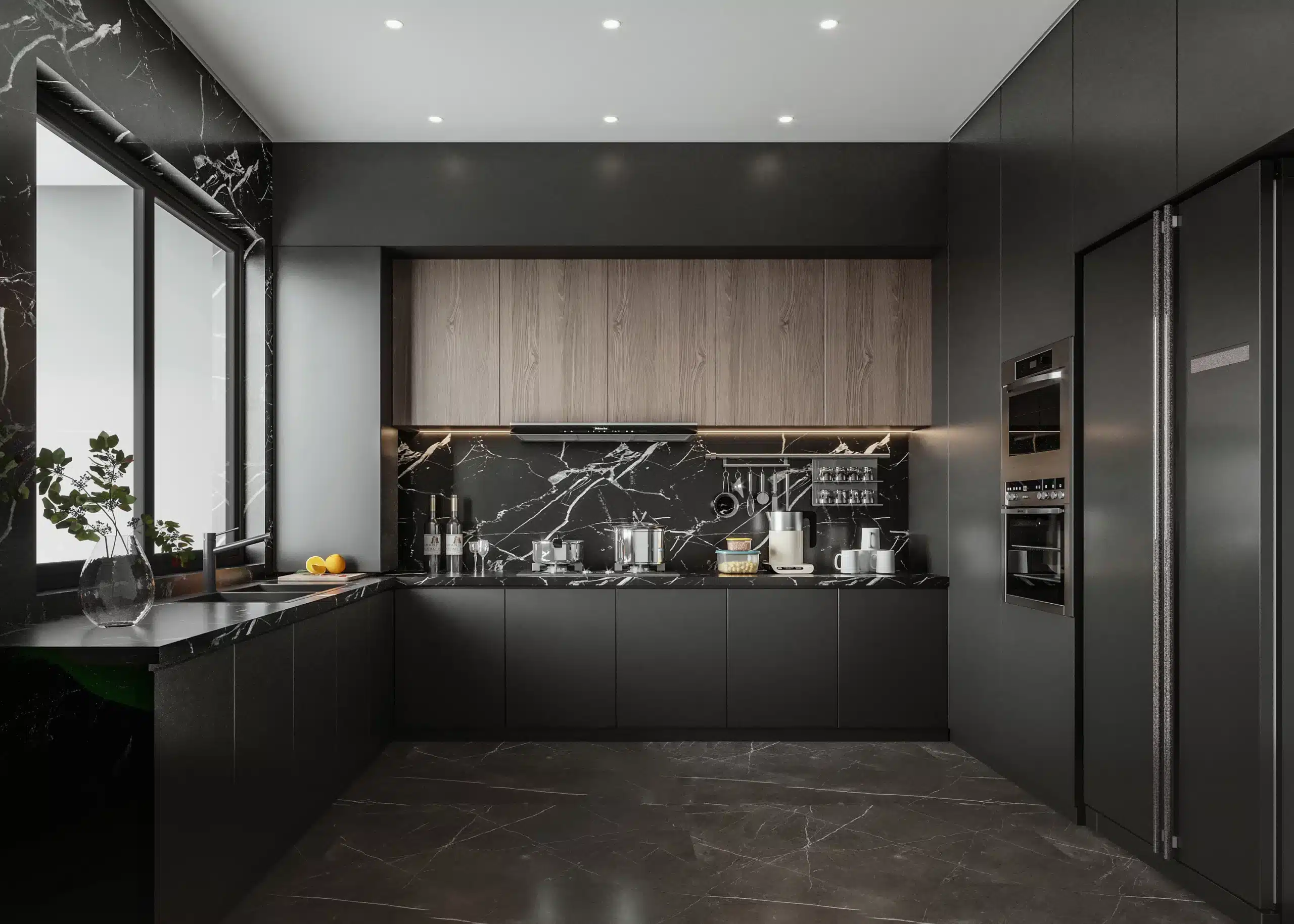 現代風異材質拼接設計，在全黑廚房中運用黑色霧面門板、人造石檯面與不鏽鋼水槽，透過不同肌理變化展現同色系的精緻光影層次。