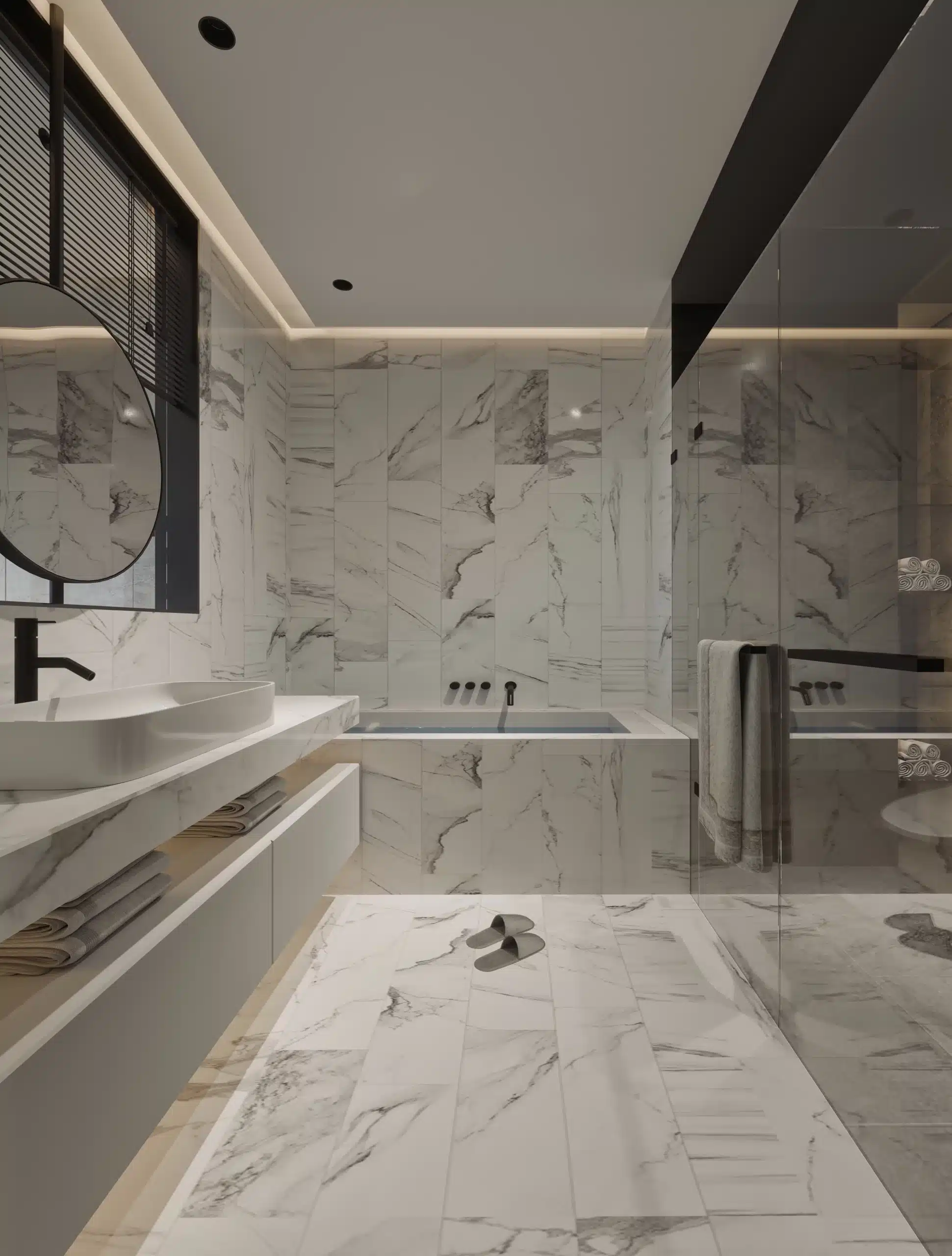 五星級飯店風格衛浴，使用紋路獨特的進口石材與獨立式浴缸